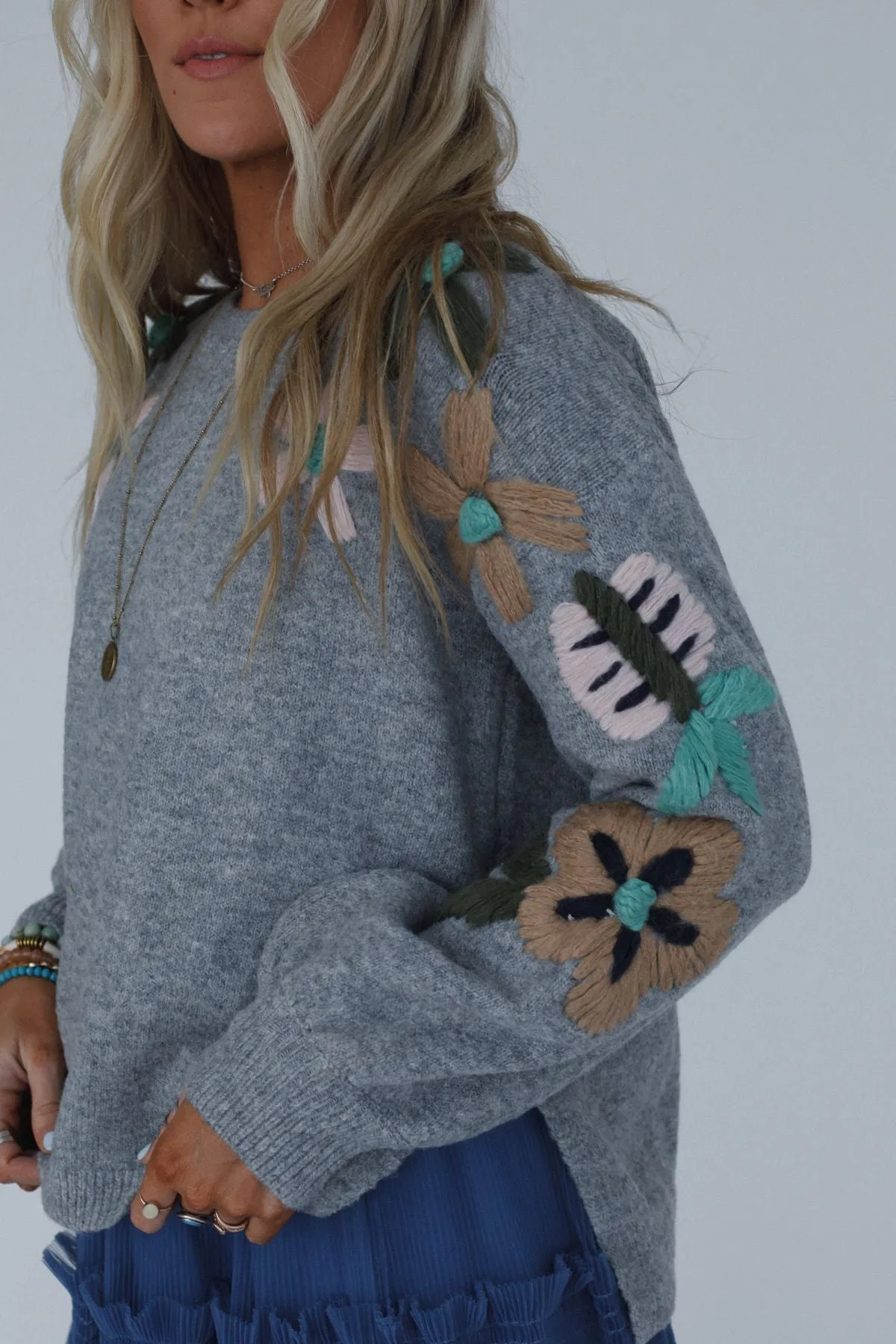 Wild Blossom Embroidered Sweater - Gray sold by Three Bird Nest product image thumbnail 3