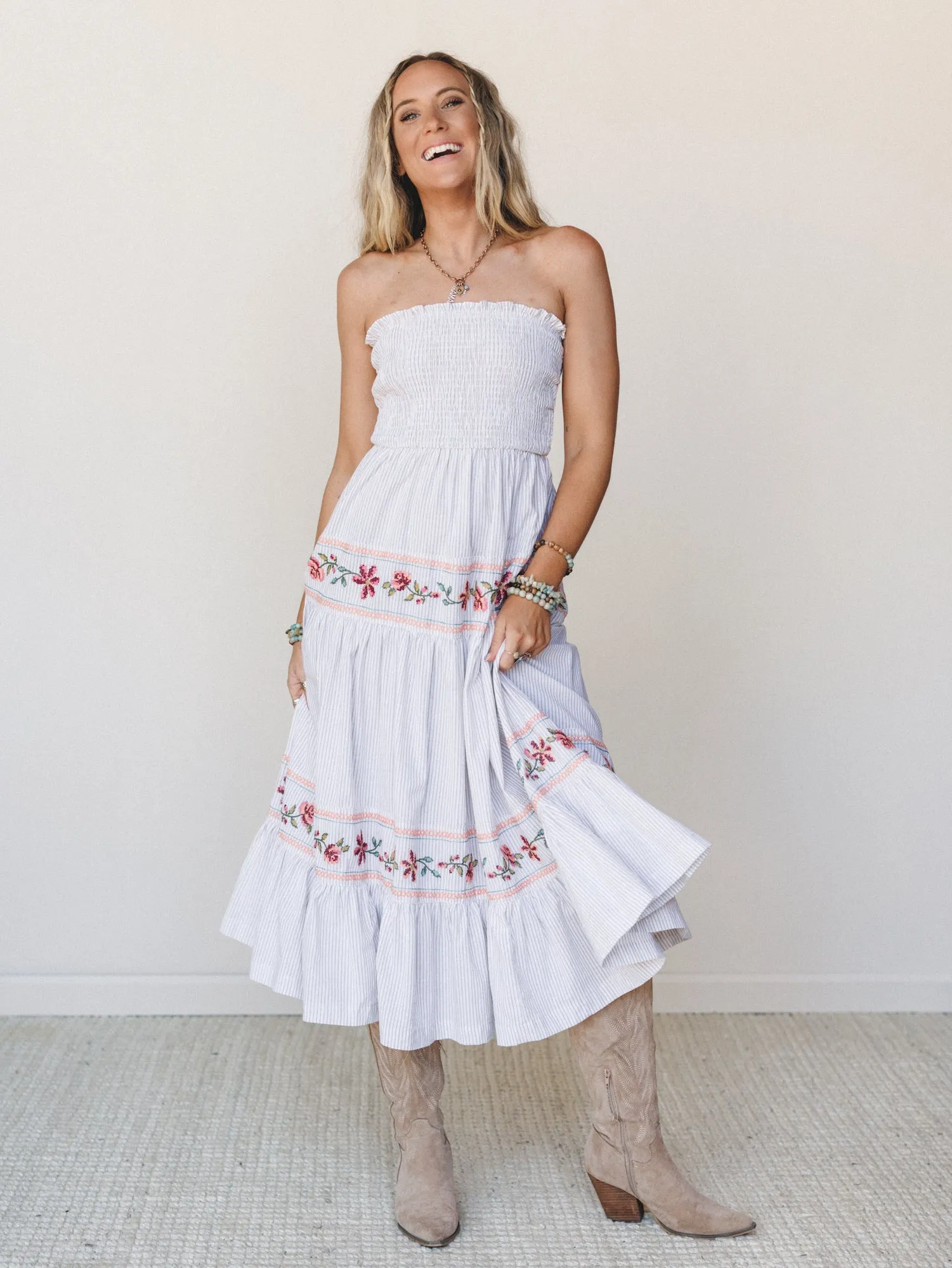 Garden Nomad Embroidered Dress - Off White Taupe sold by Three Bird Nest