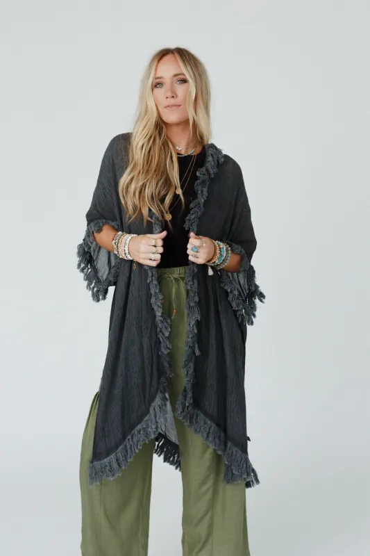 On The Edge Fringe Kimono - Charcoal - Pre Order made by Three Bird Nest