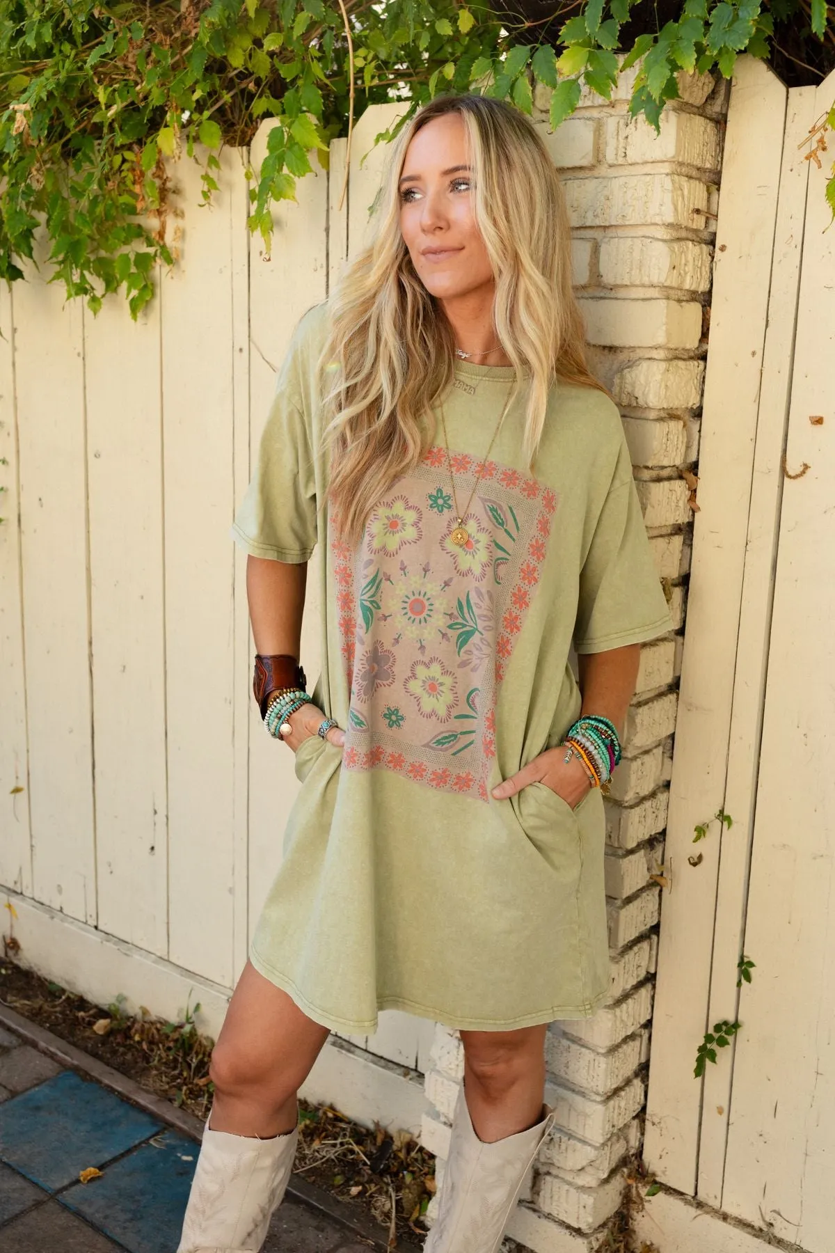 Fall Blossoms Tee Dress - Sage - Pre Order sold by Three Bird Nest