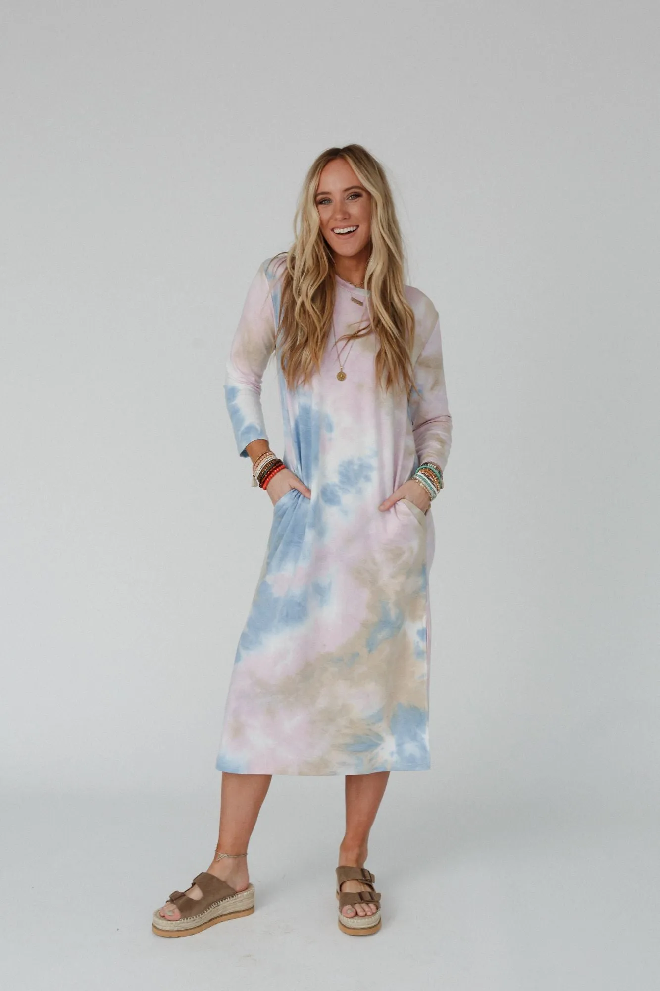 The Nest Soul Shine Pocketed Tie Dye Midi Dress - Lavender Taupe - Pre Order sold by Three Bird Nest