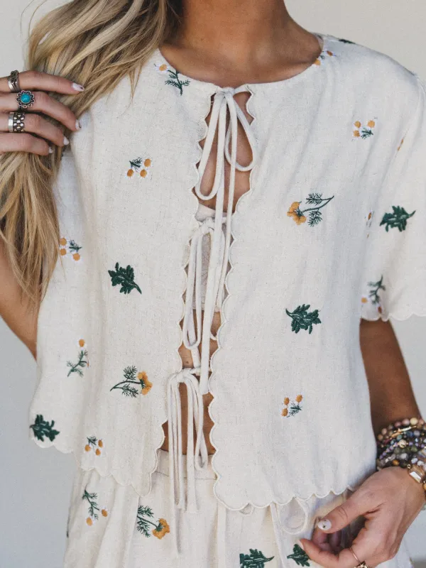 Fleur Amore Embroidered Tie Front Top - Oatmeal - Pre Order made by mioumuse