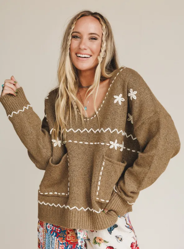 Chai Embroidered Knit Sweater - Camel - Pre Order made by Listicle