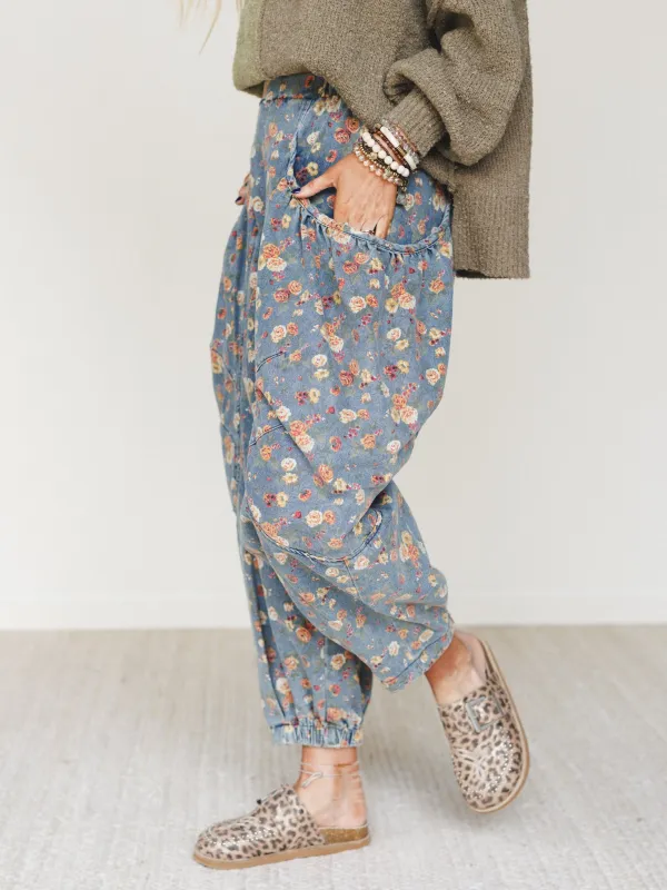 The Nest Nora Gathered Barrel Denim Pant - Denim Blue Floral - Pre Order made by Davi & Dani