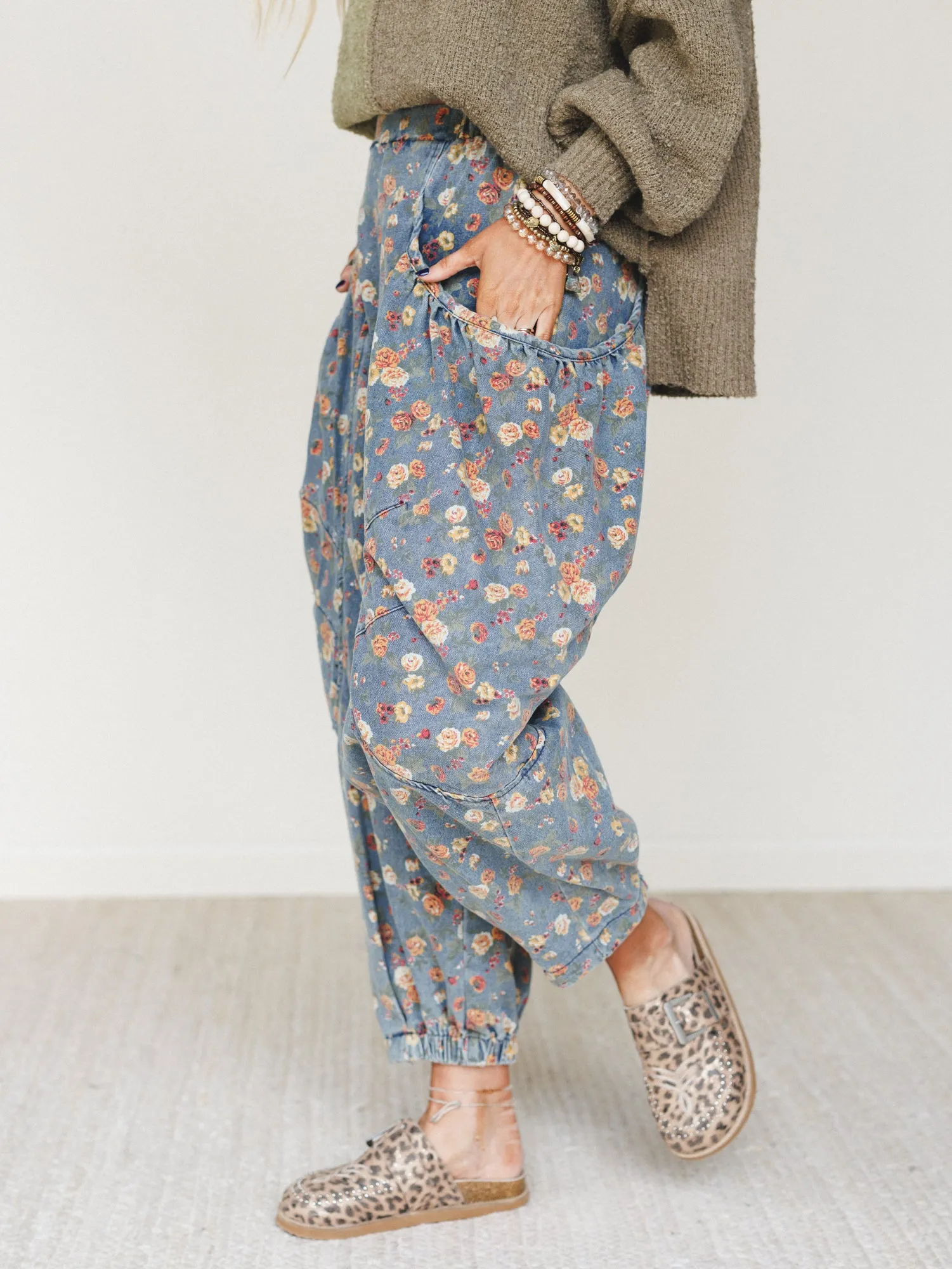 The Nest Nora Gathered Barrel Denim Pant - Denim Blue Floral - Pre Order sold by Three Bird Nest
