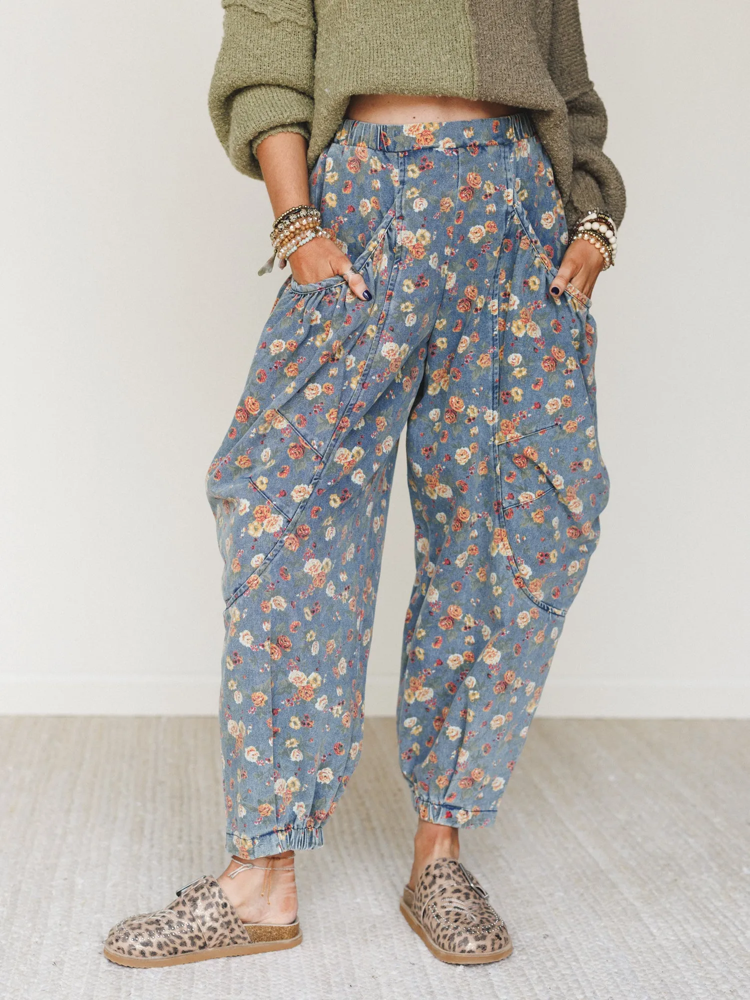 The Nest Nora Gathered Barrel Denim Pant - Denim Blue Floral - Pre Order sold by Three Bird Nest product image thumbnail 2