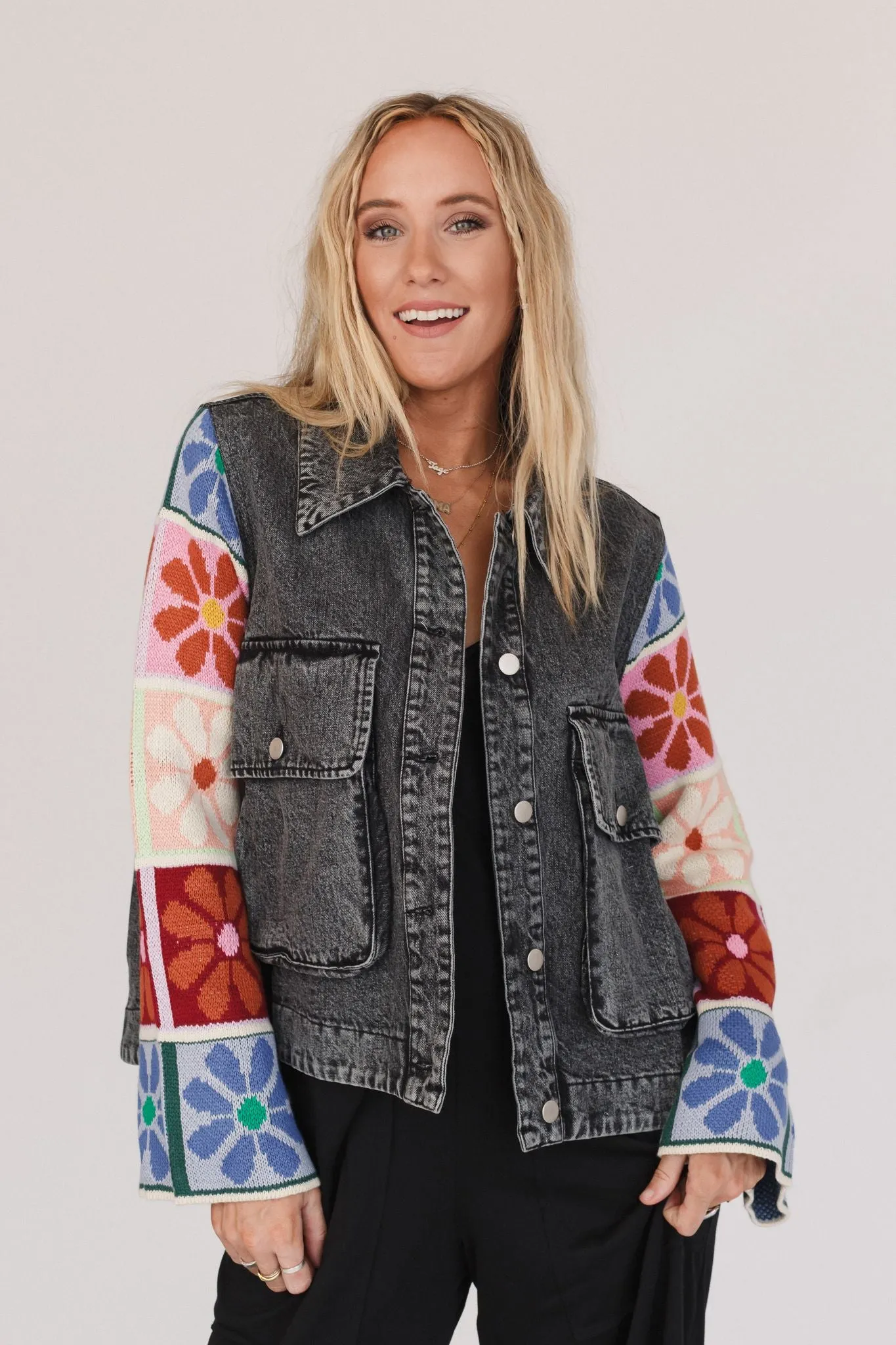 Dahlia Sweater Denim Jacket - Black Denim - Pre Order sold by Three Bird Nest