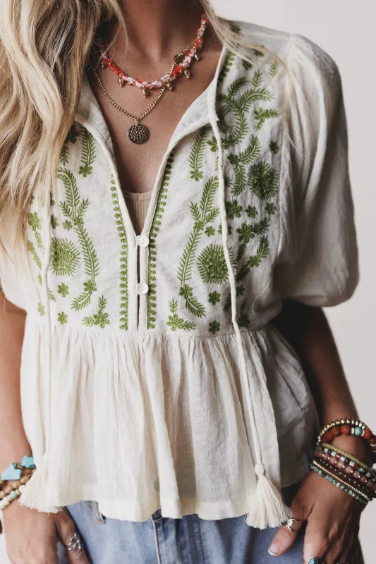 Louella Embroidered Peplum Top - Olive - Pre Order made by En Creme