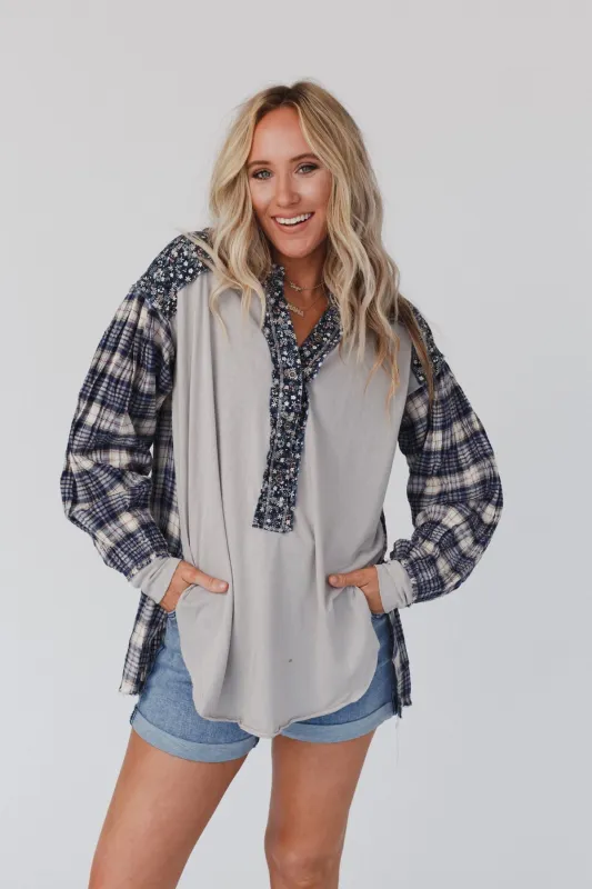 Better Together Mixed Print Top - Blue Gray - Pre Order made by easel