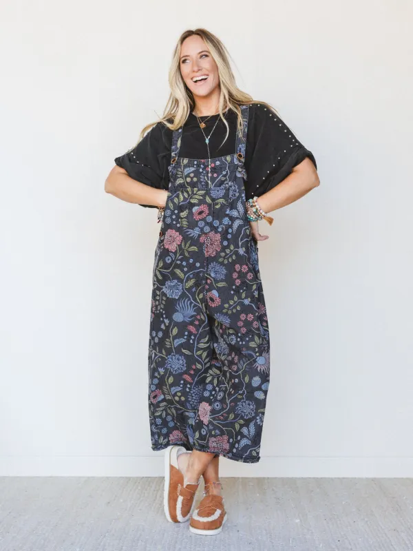 High Hopes Slouchy Denim Overalls - Floral Black Denim - Pre Order made by easel