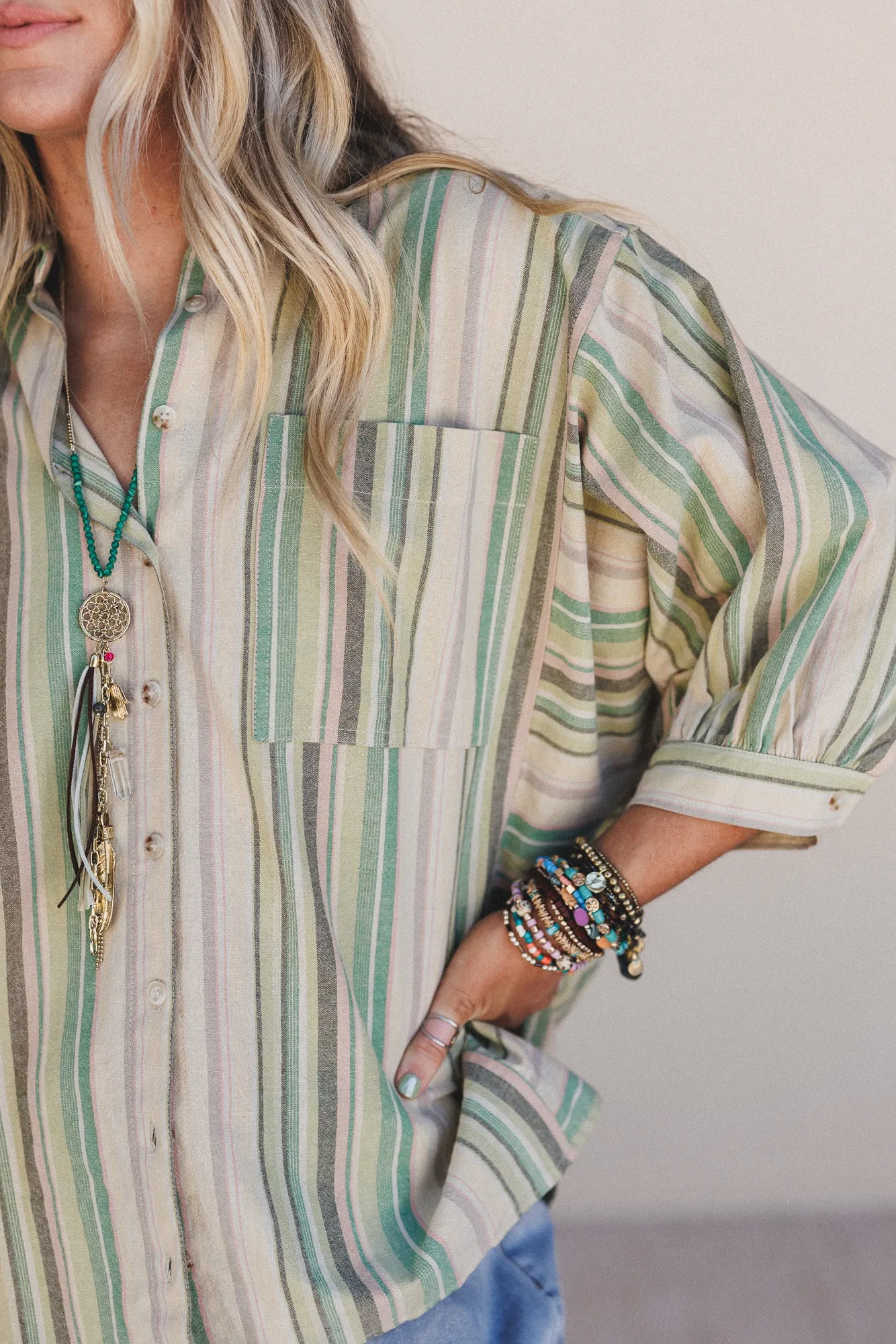 Finch Striped Button Down Top - Green Multi - Pre Order sold by Three Bird Nest product image thumbnail 2