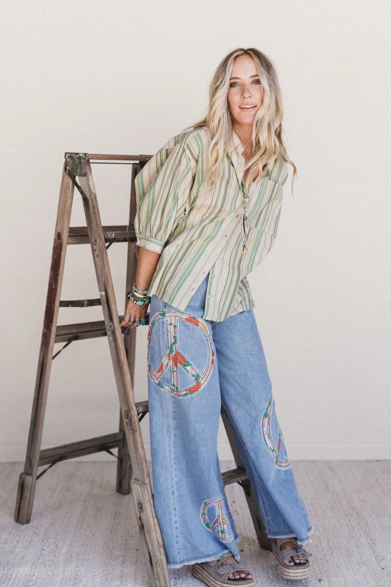 Finch Striped Button Down Top - Green Multi - Pre Order sold by Three Bird Nest