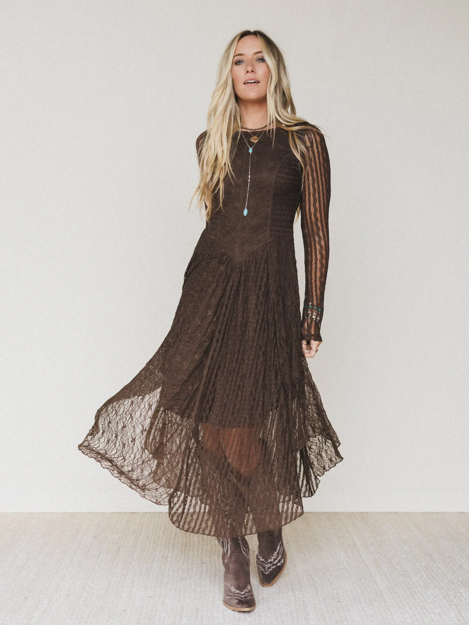 Lace Story Long Sleeve Midi Dress - Chocolate - Pre Order sold by Three Bird Nest