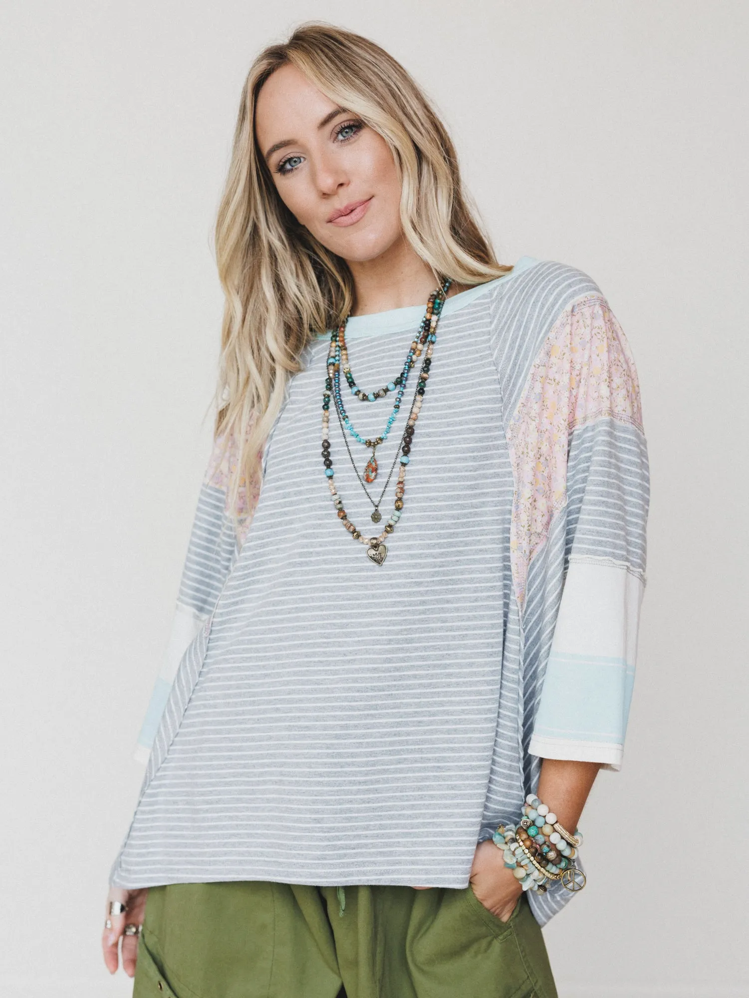 Britt Patchwork Top - Heather Gray - Pre Order sold by Three Bird Nest