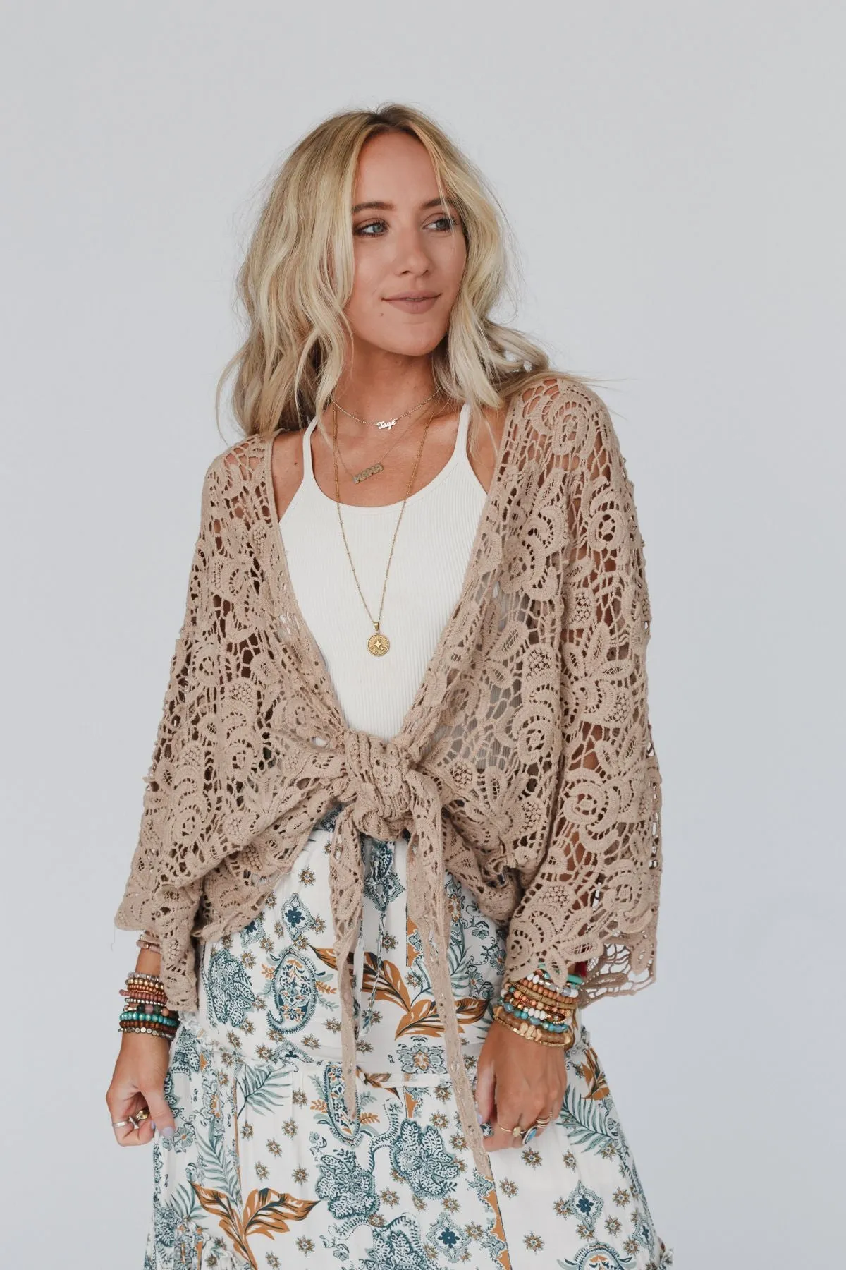 Crochet Petal Kimono Wrap - Mocha - Pre Order sold by Three Bird Nest