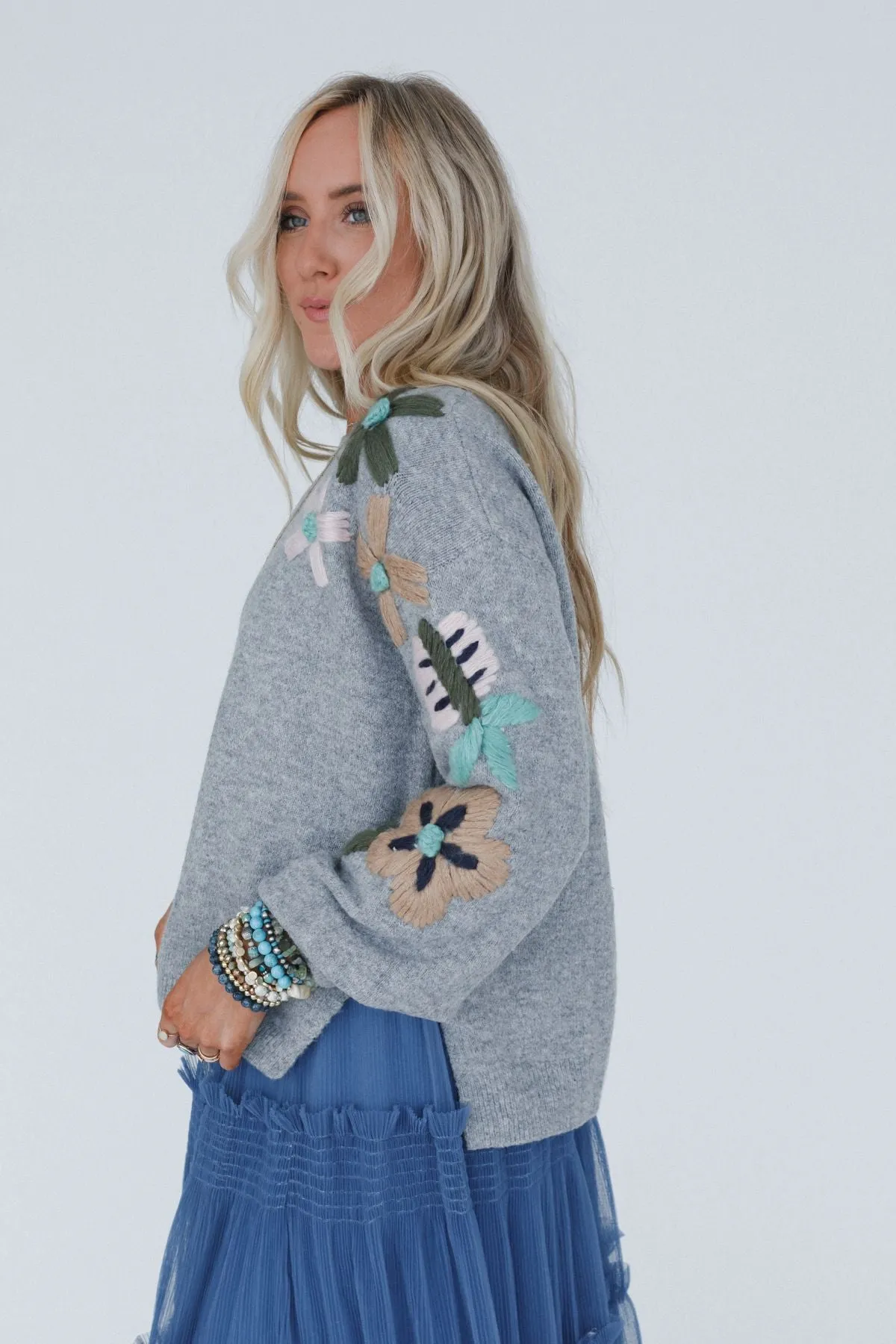 Wild Blossom Embroidered Sweater - Gray - Pre Order sold by Three Bird Nest