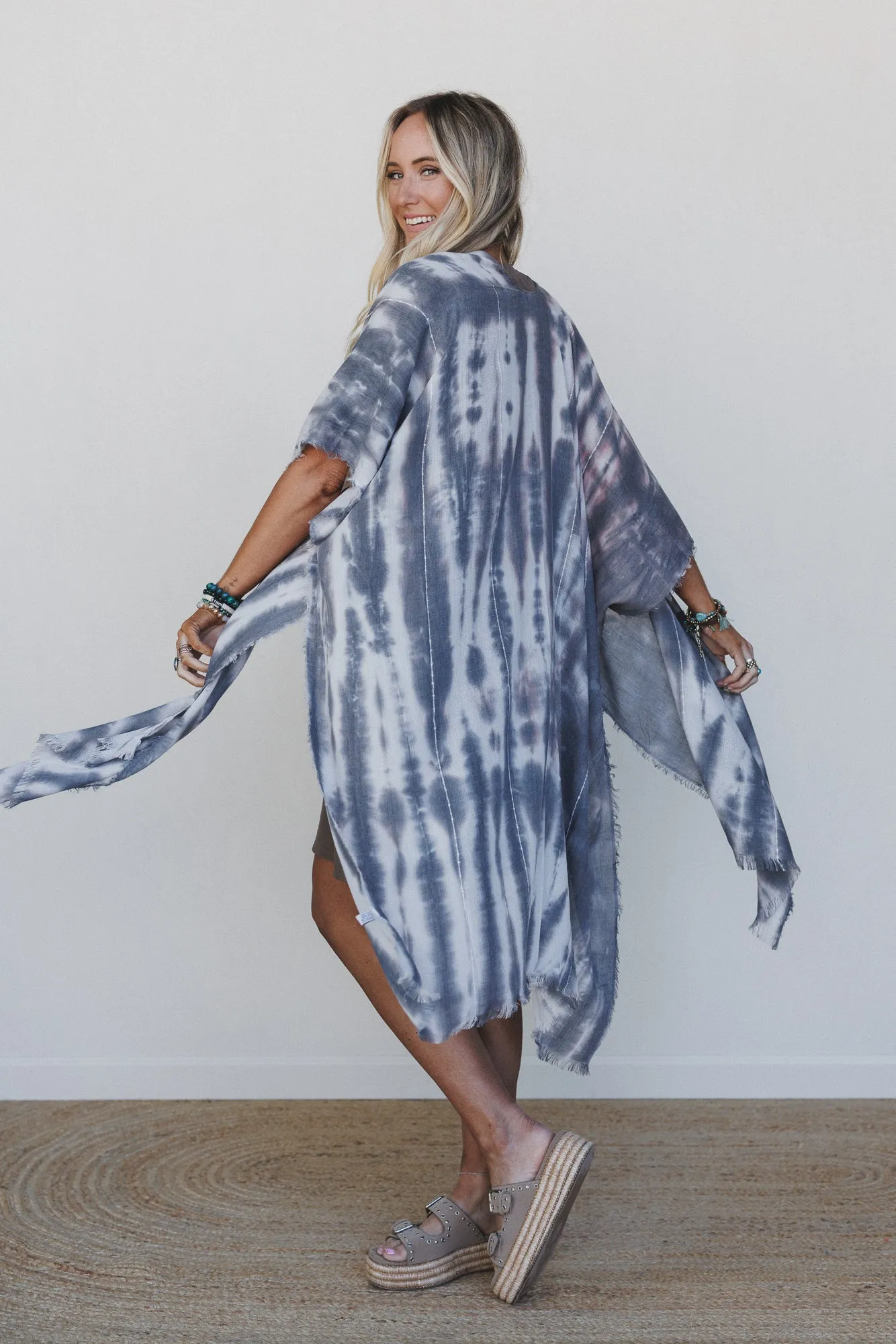 Demi Tie Dye Frayed Hem Kimono - Black - Pre Order sold by Three Bird Nest