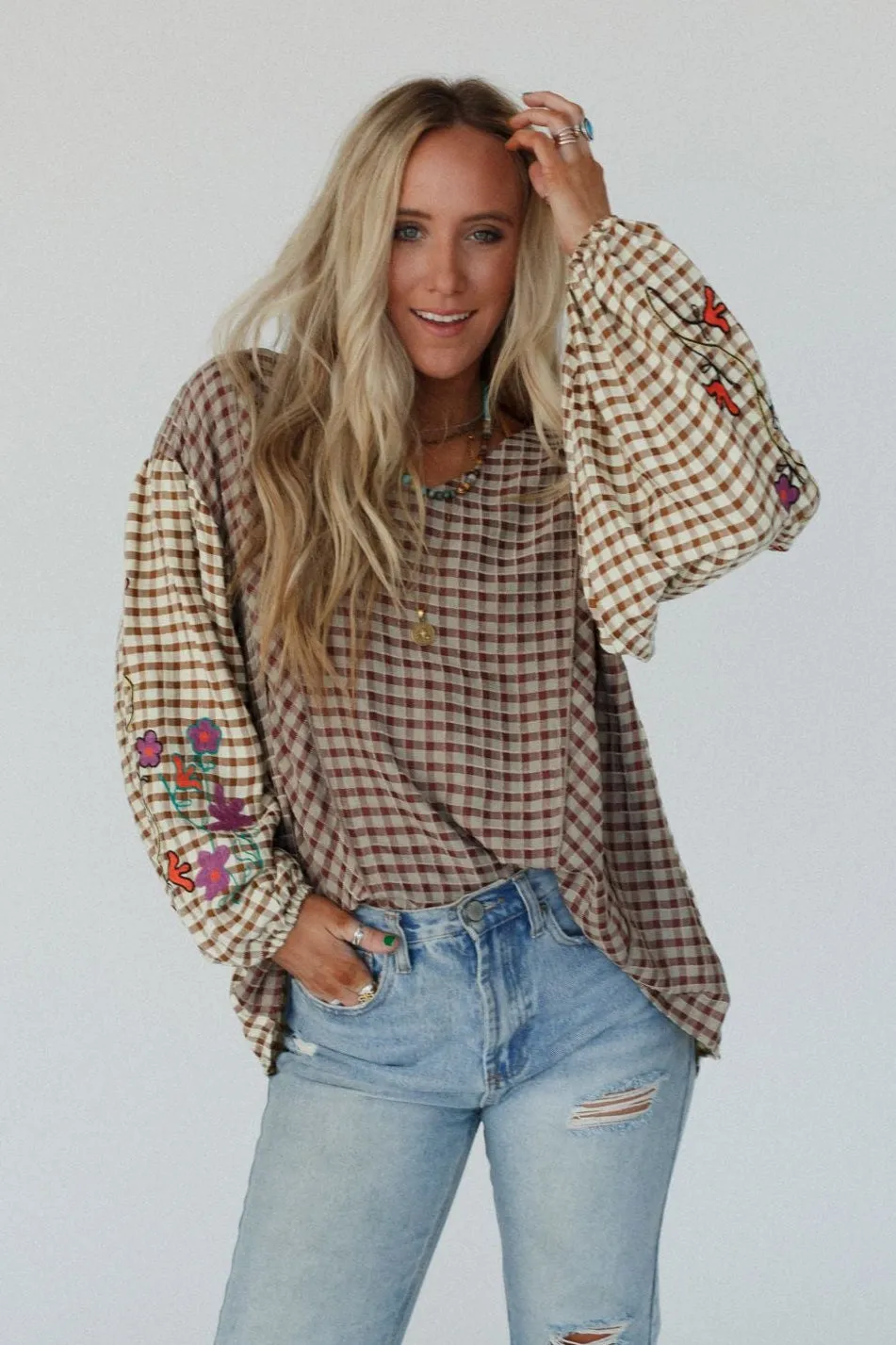 Homestead Plaid Floral Top - Mushroom - Pre Order sold by Three Bird Nest