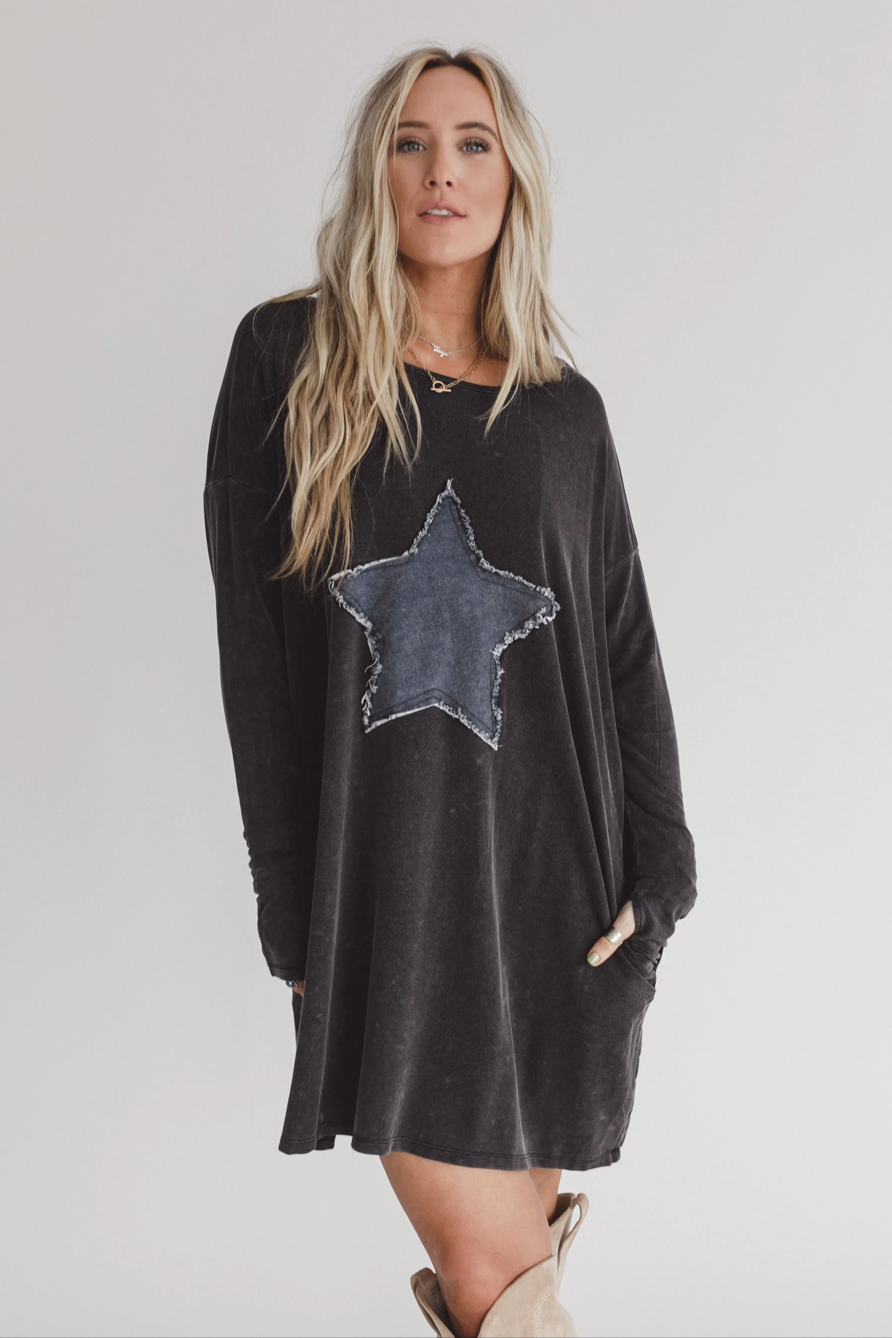 Sonora Star Patch Dress - Charcoal - Pre Order sold by Three Bird Nest