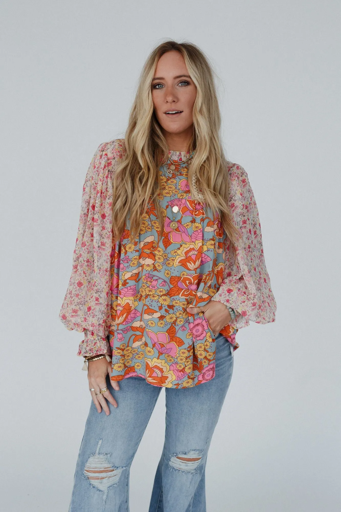 Flower Frenzy Bubble Sleeve Top - Sage Multi - Pre Order sold by Three Bird Nest product image thumbnail 2