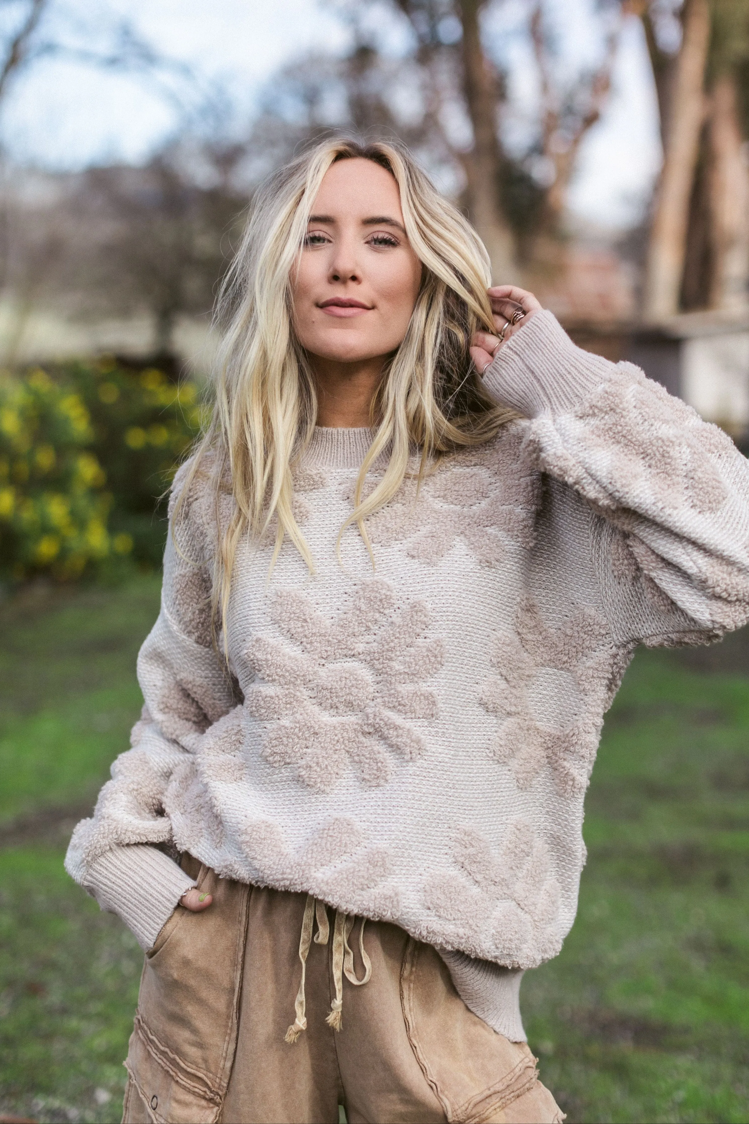 Zinnia Textured Flower Top - Beige - Pre Order sold by Three Bird Nest