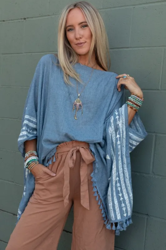 Fallon Embroidered Sleeve Tassel Poncho - Blue - Pre Order made by Three Bird Nest