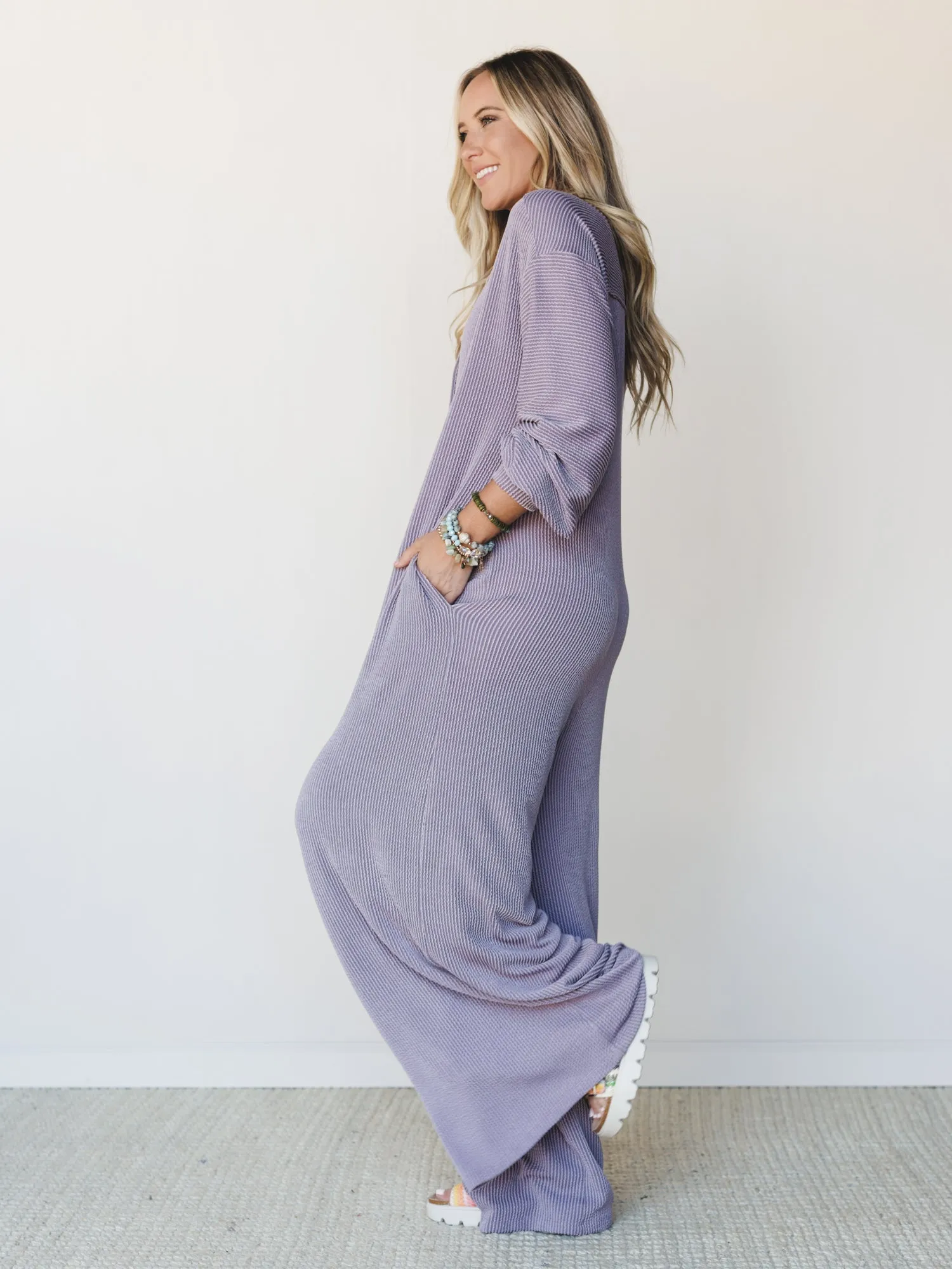 The Nest Daphne Textured Long Sleeve Jumpsuit - Orchid sold by Three Bird Nest product image thumbnail 4