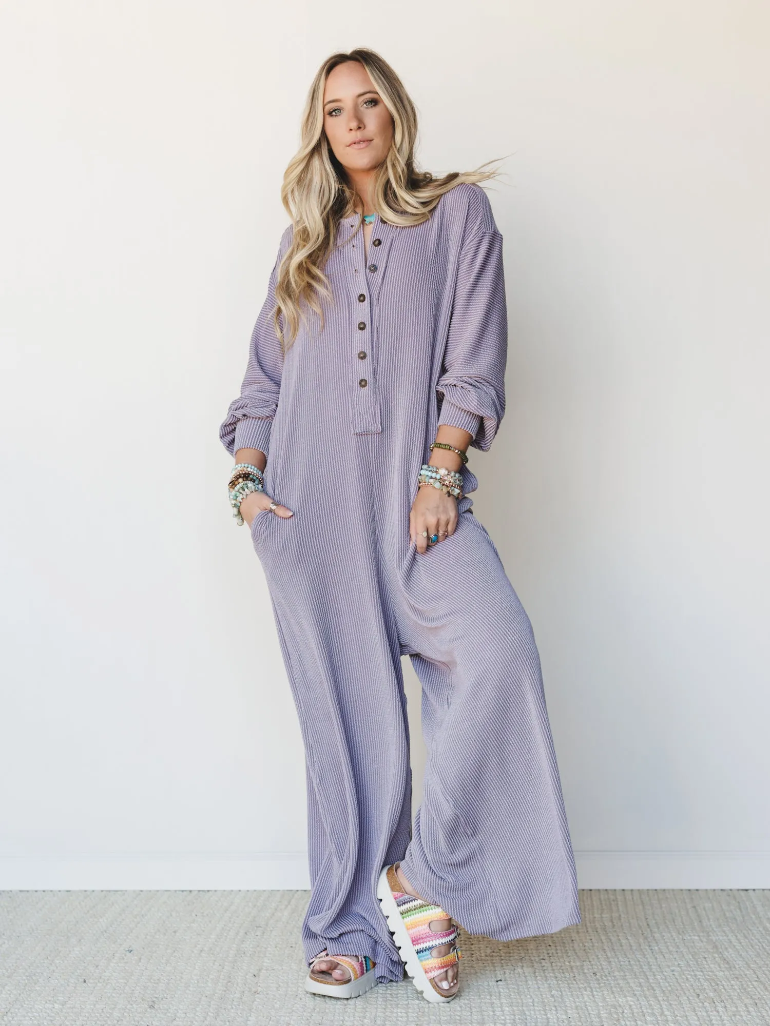 The Nest Daphne Textured Long Sleeve Jumpsuit - Orchid sold by Three Bird Nest product image thumbnail 2