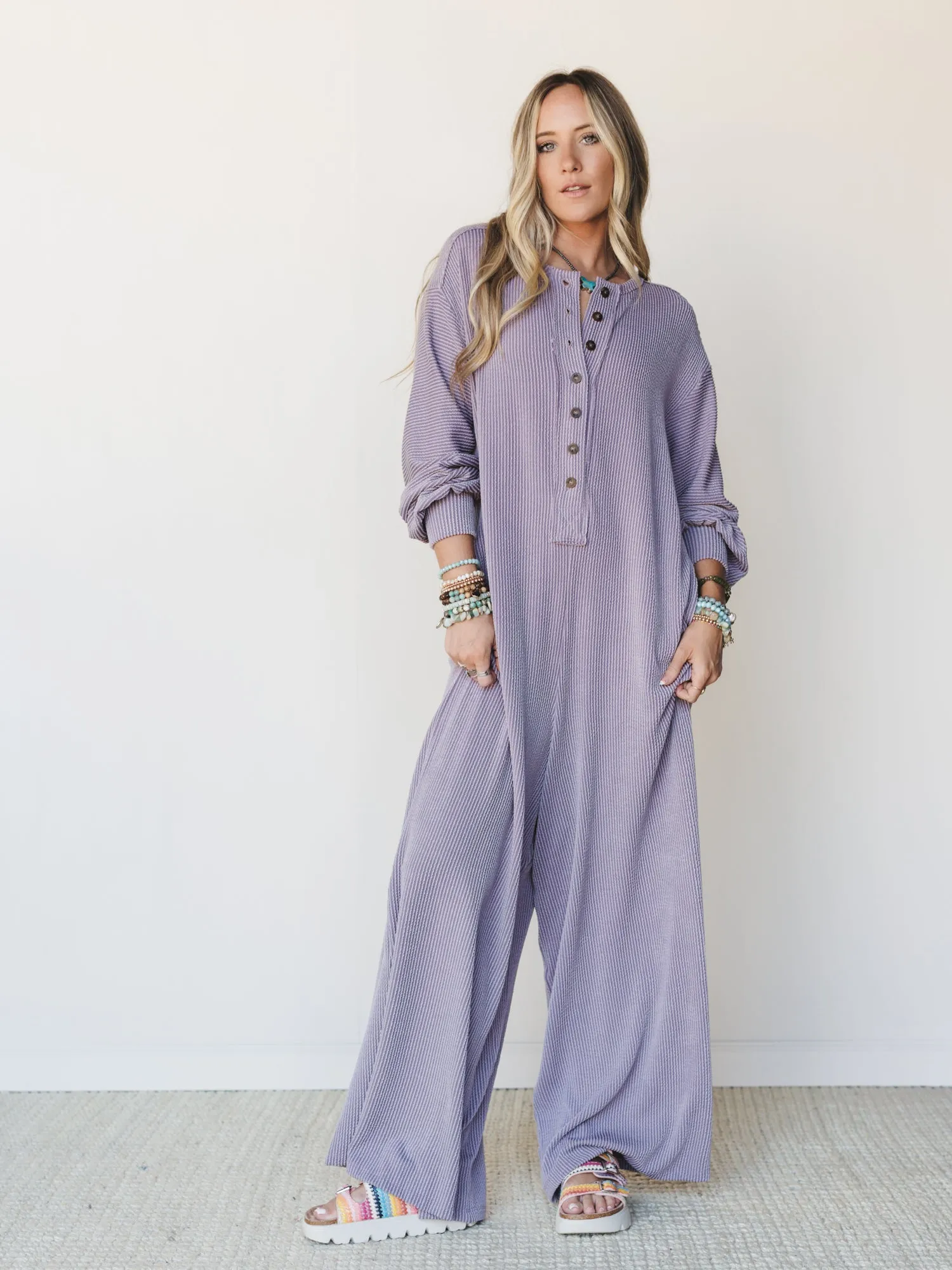 The Nest Daphne Textured Long Sleeve Jumpsuit - Orchid sold by Three Bird Nest