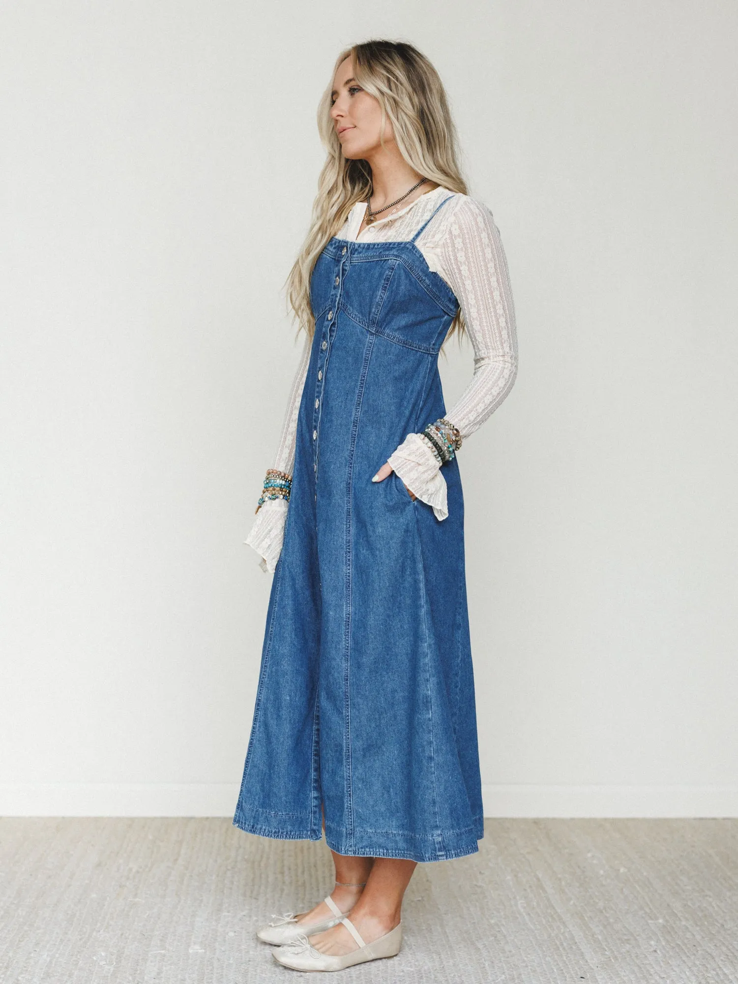 Small Town Girl Dress - Medium Wash - Pre Order sold by Three Bird Nest