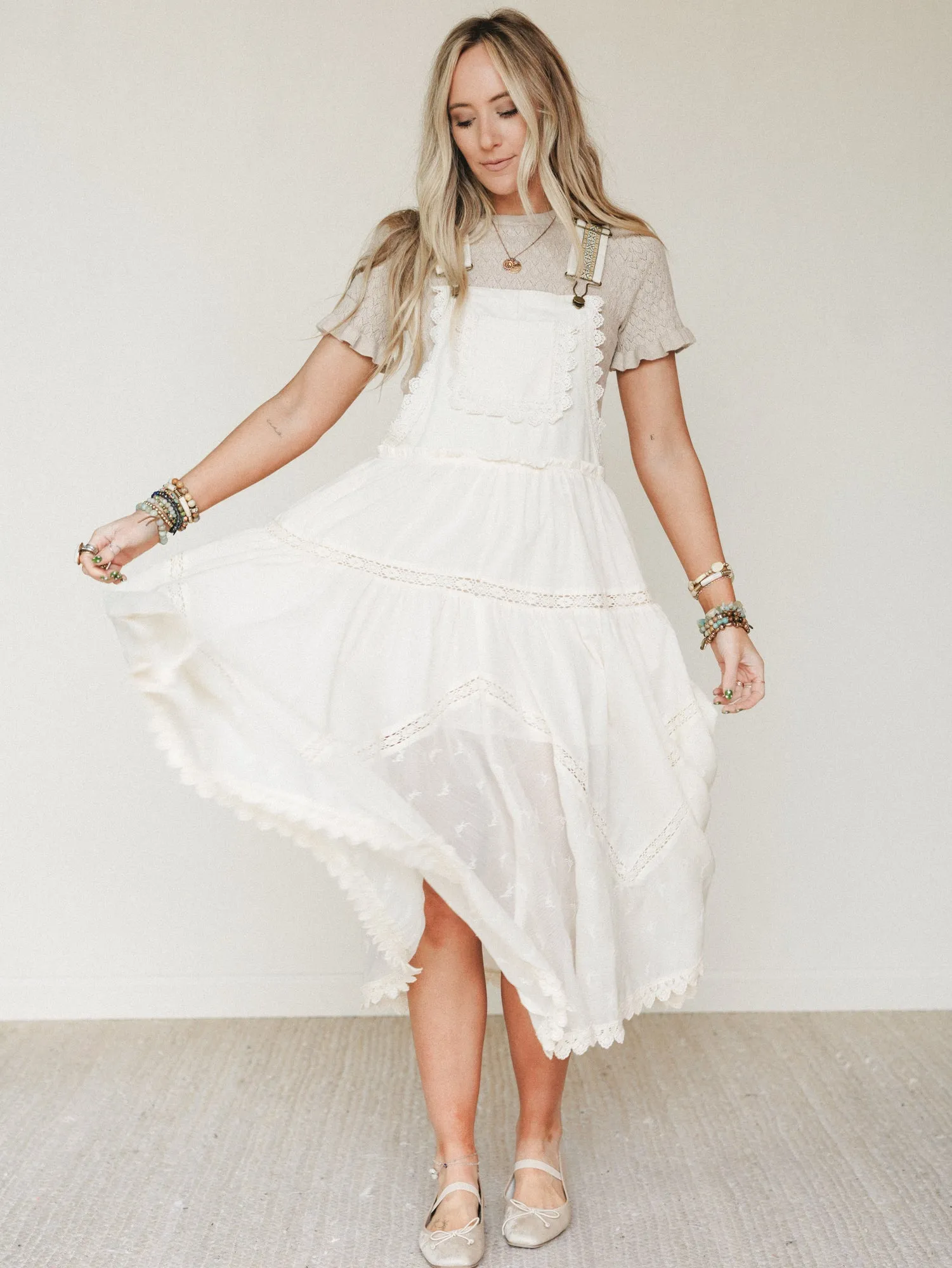 Garden Stroll Overall Dress - Ecru - Pre Order sold by Three Bird Nest