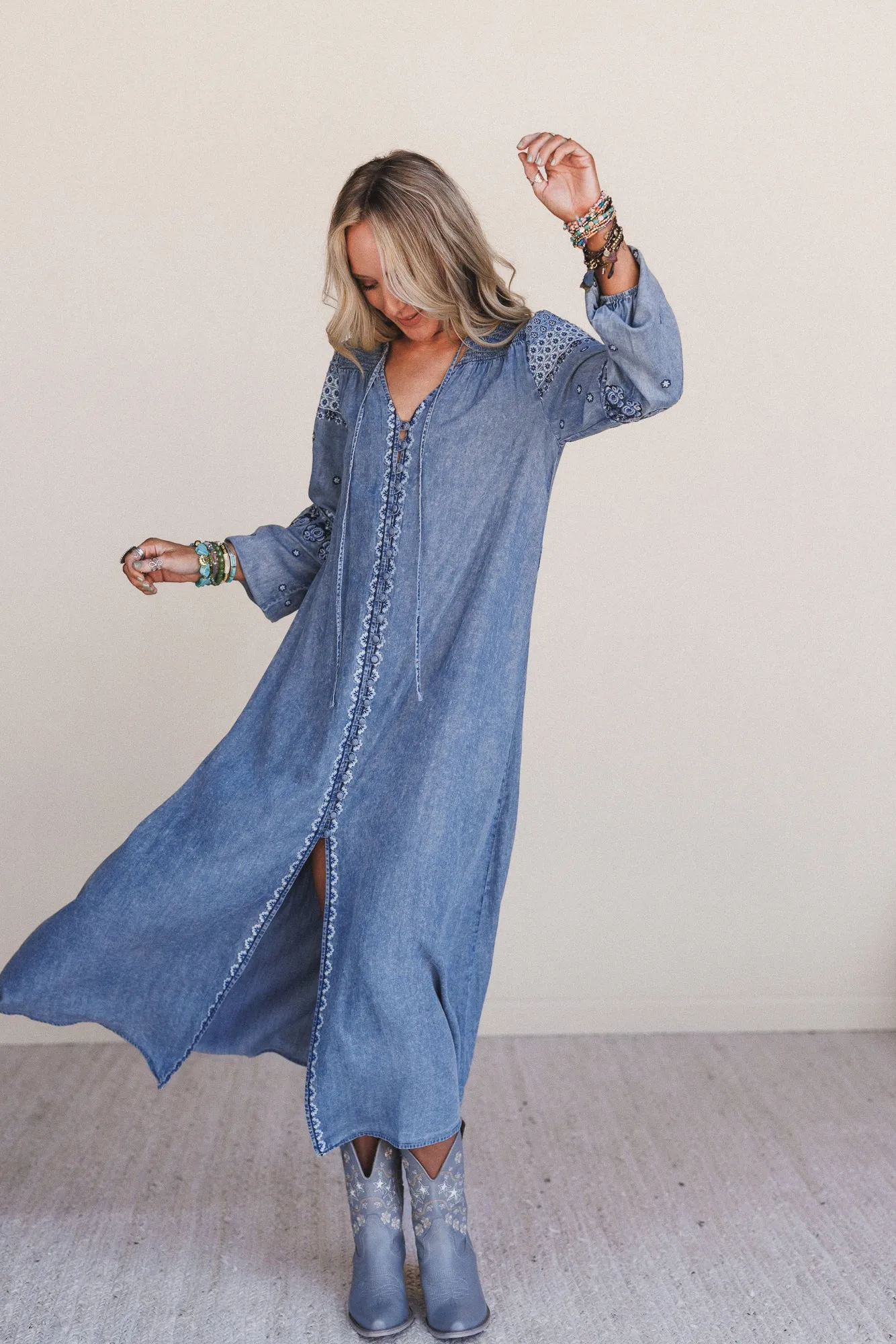 Bluegrass Button Embroidered Maxi Dress - Light Wash - Pre Order sold by Three Bird Nest