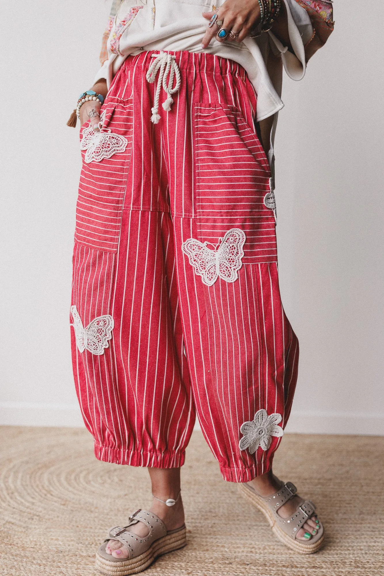 Winged Wanderer Patchwork Barrel Pants - Red - Pre Order sold by Three Bird Nest