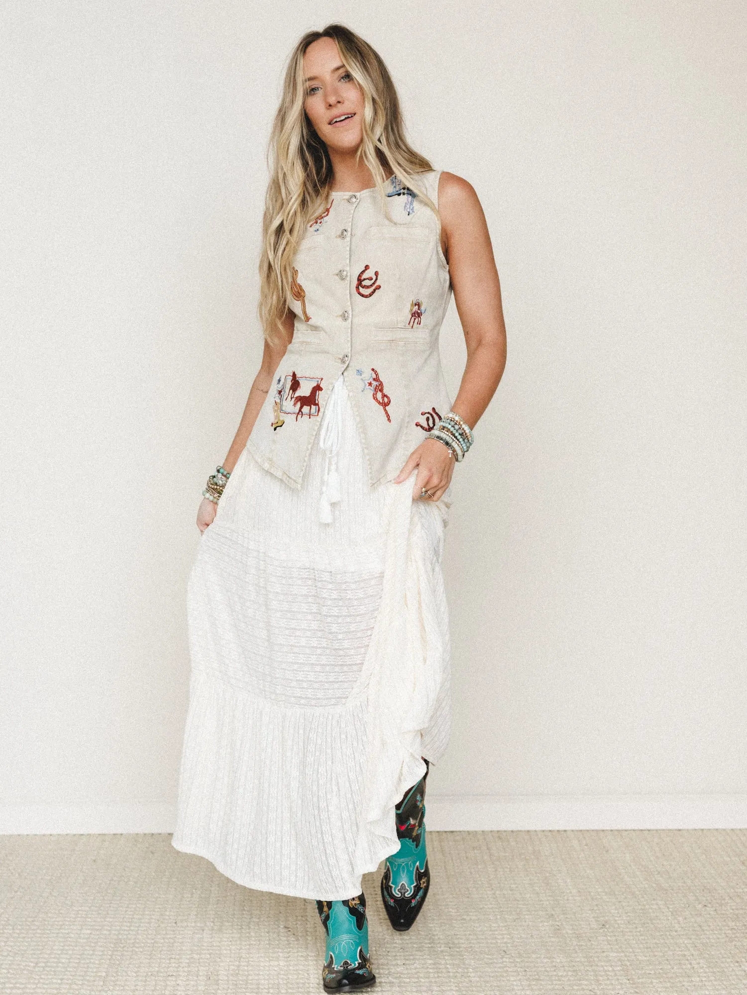 Best in the West Vest Embroidered Top - Washed Sand sold by Three Bird Nest product image thumbnail 5