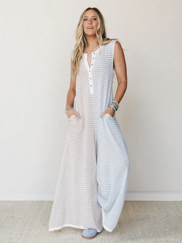 Daphne Striped Wide Leg Jumpsuit - Beige Blue Combo made by Three Bird Nest