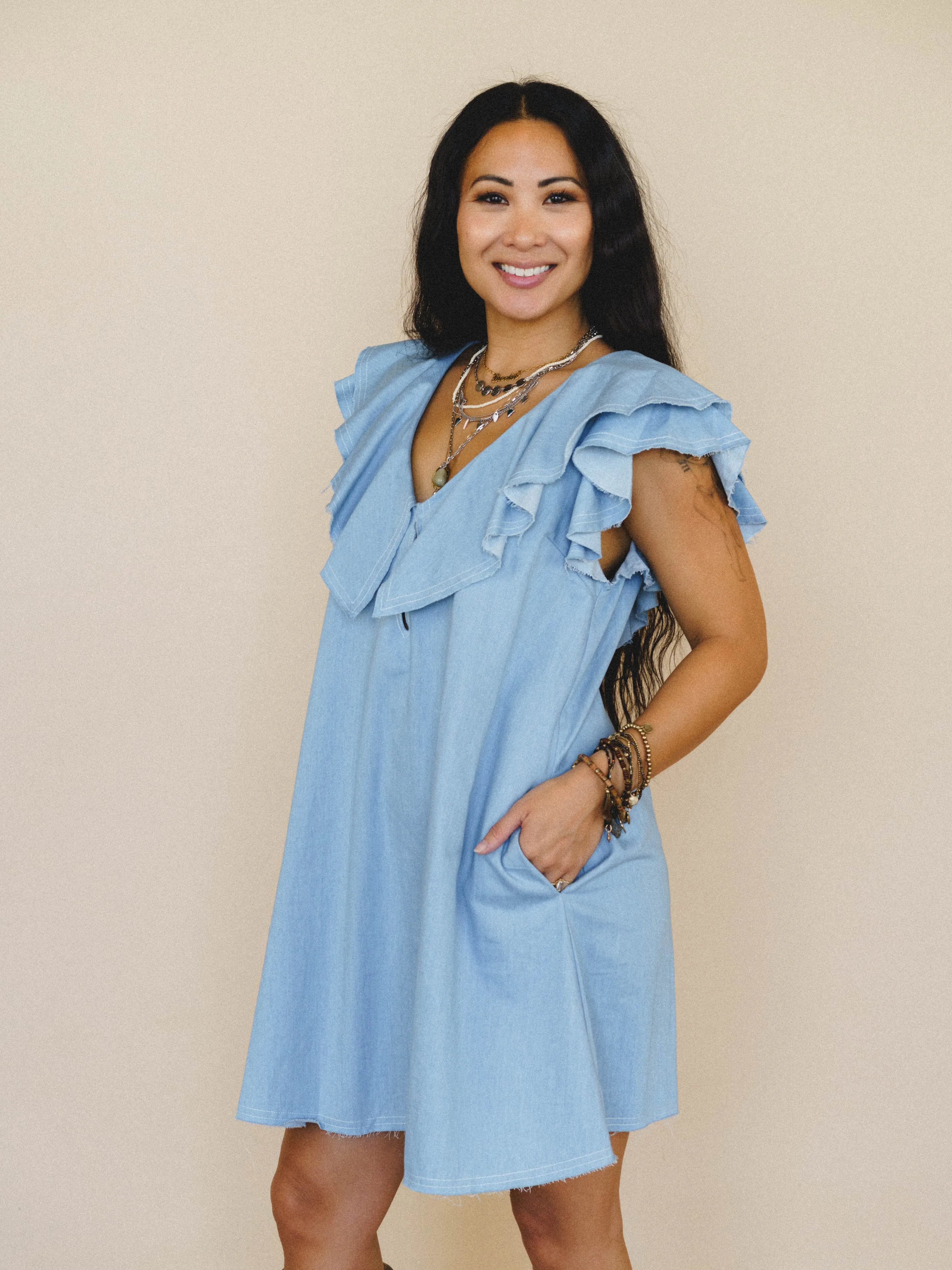 Chambray Daydream Flutter Sleeve Dress - Light Denim sold by Three Bird Nest product image thumbnail 5