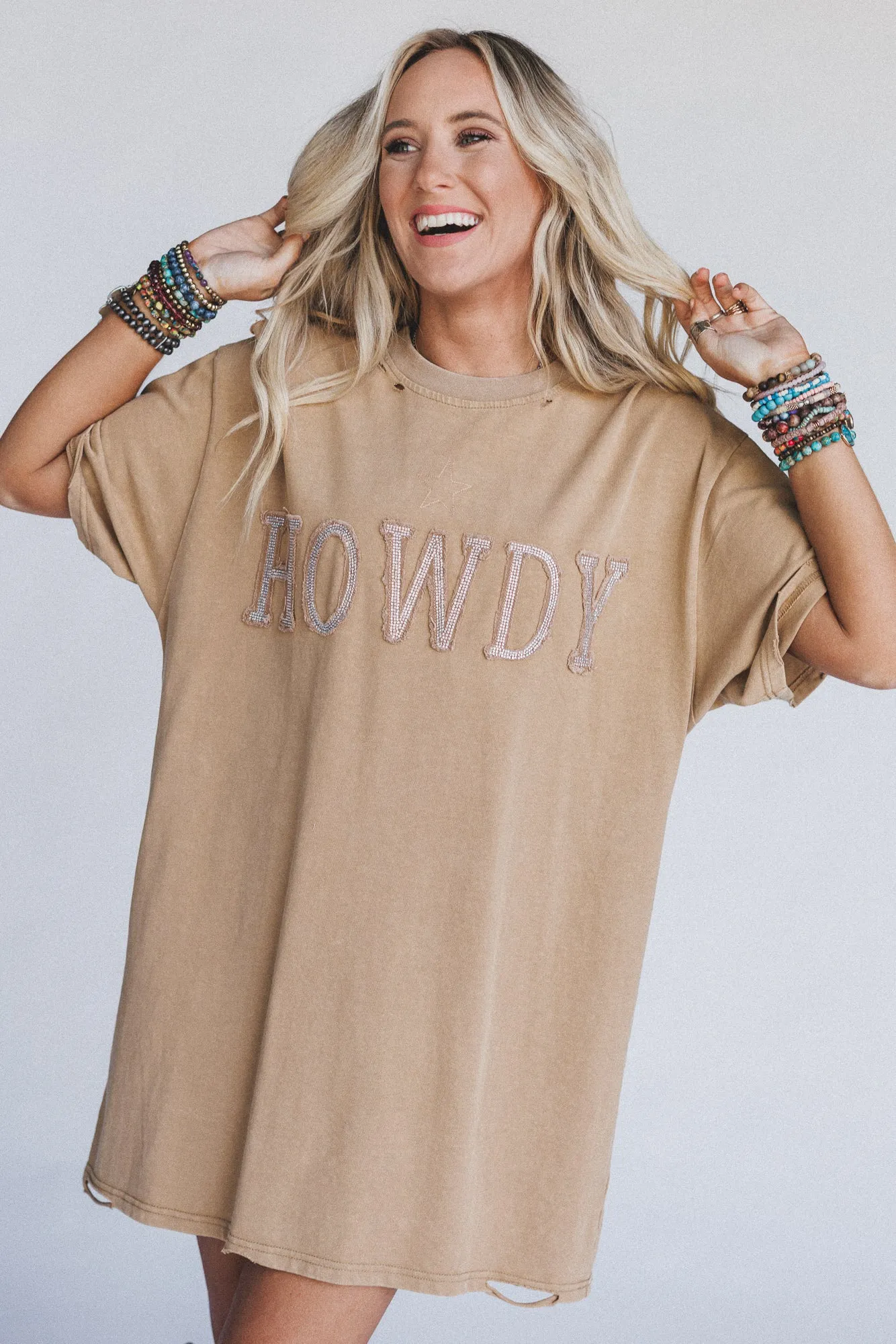 Howdy Vibes Tee Dress - Tan - Pre Order sold by Three Bird Nest