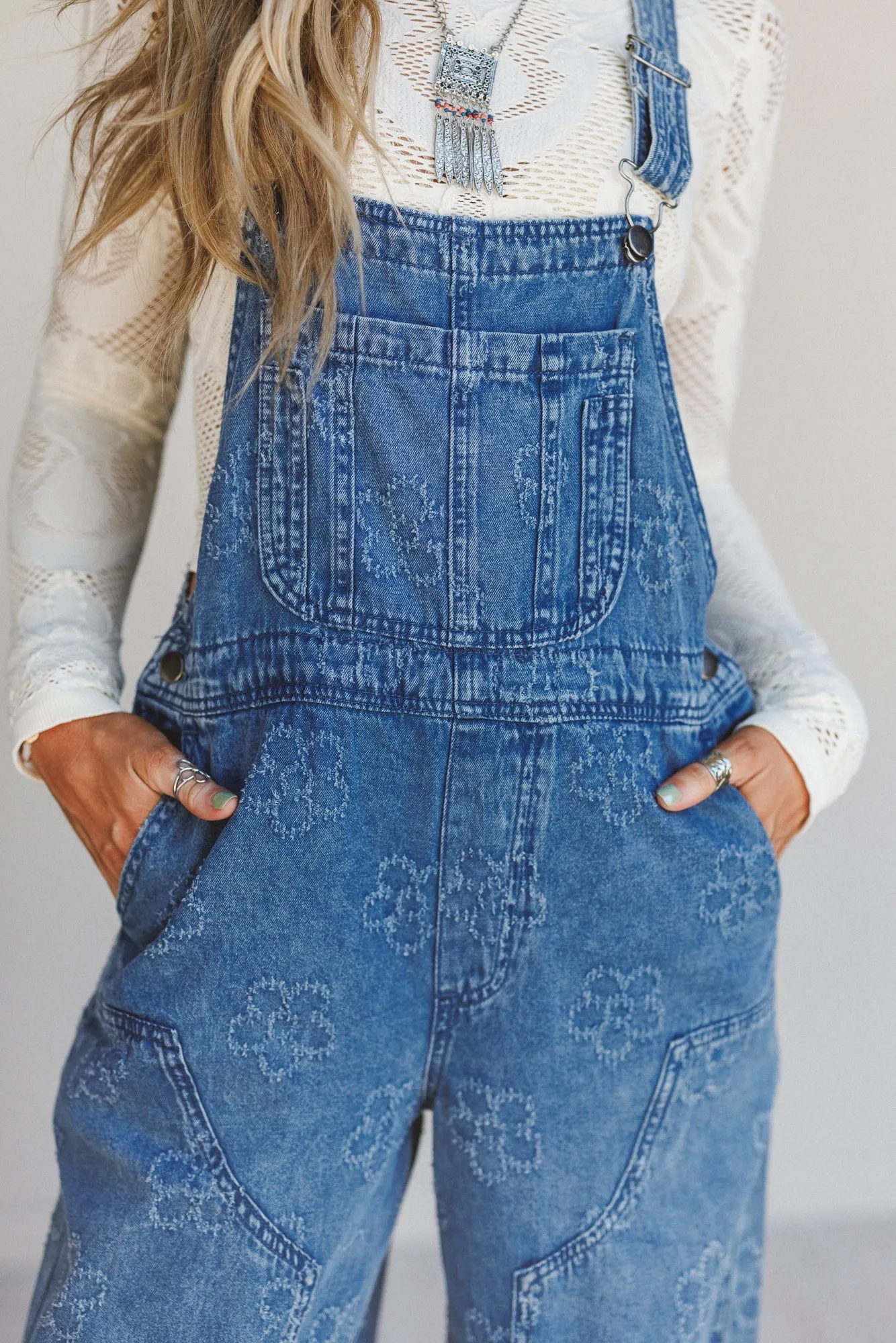 Chasing Horizons Flower Pattern Overalls - Washed Denim - Pre Order sold by Three Bird Nest product image thumbnail 2