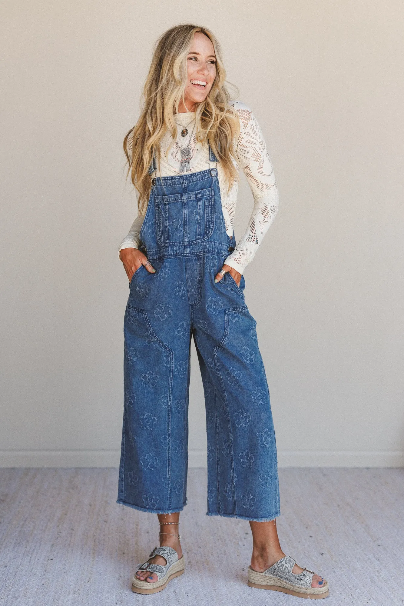 Chasing Horizons Flower Pattern Overalls - Washed Denim - Pre Order sold by Three Bird Nest