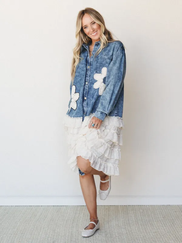 Ruffles of Flowers Jacket - Washed Indigo Blue made by Three Bird Nest
