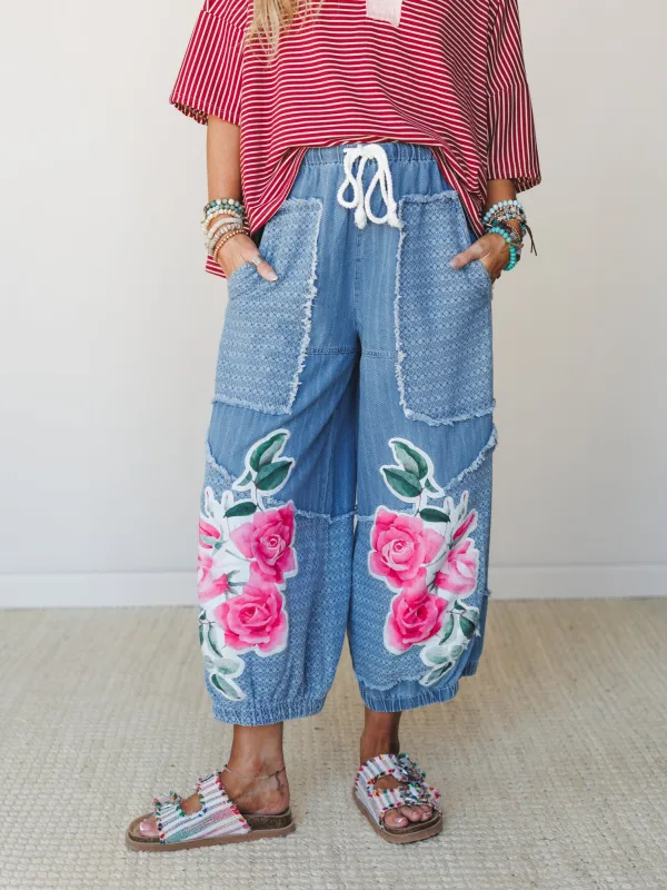Floral and Lace Pants - Light Denim Multi made by Davi & Dani