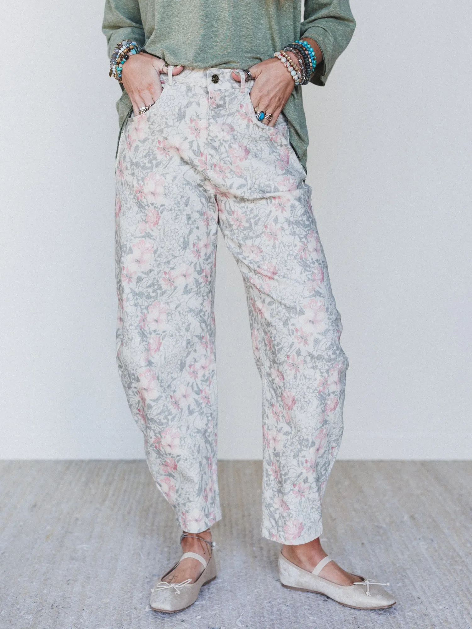 Antoinette Barrel Jeans - Khaki Floral - Pre Order sold by Three Bird Nest