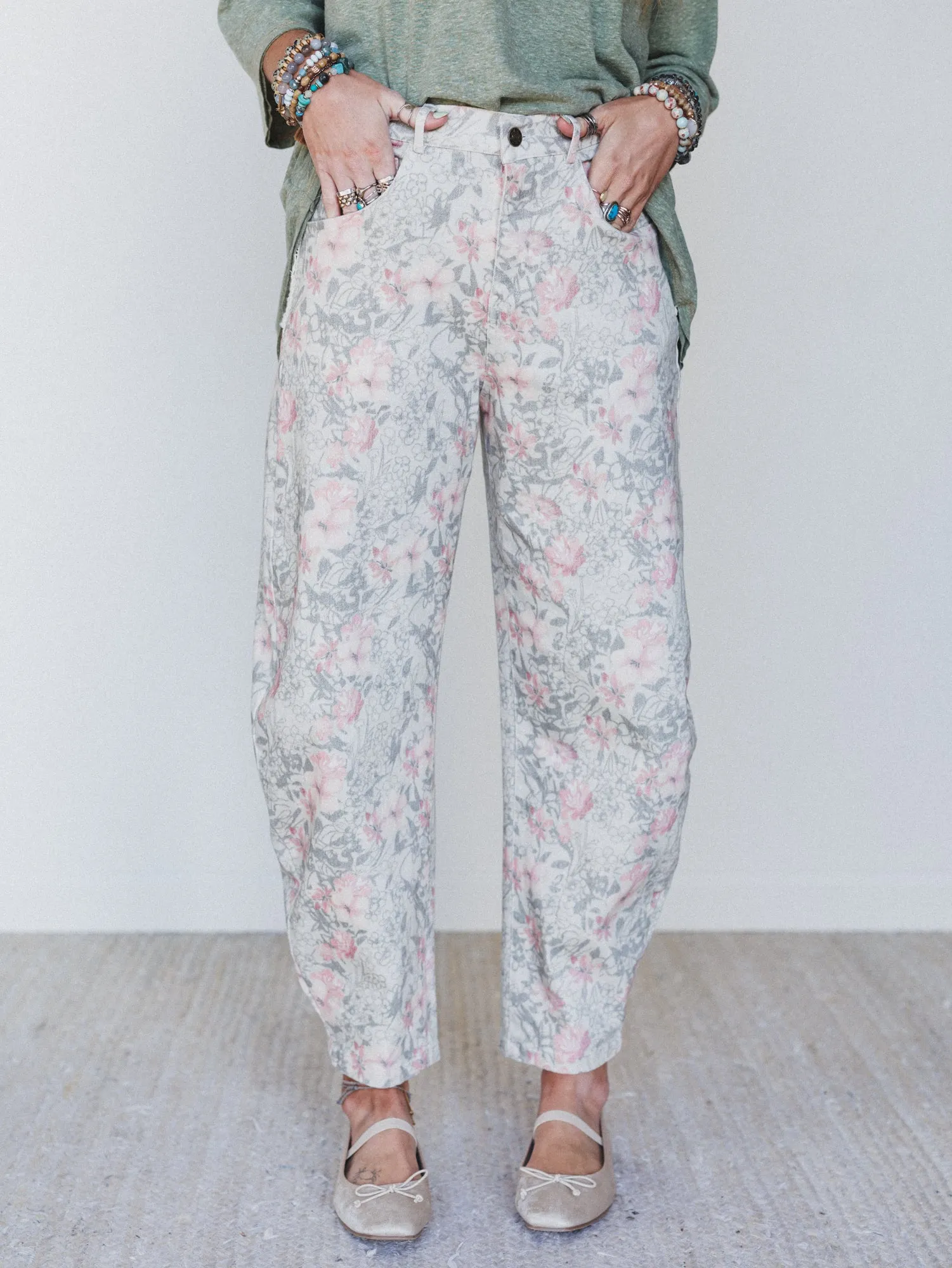 Antoinette Barrel Jeans - Khaki Floral - Pre Order sold by Three Bird Nest product image thumbnail 2