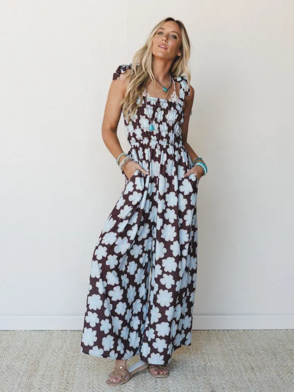 The Nest Always Groovy Wide Leg Jumpsuit - Brown Blue made by Three Bird Nest