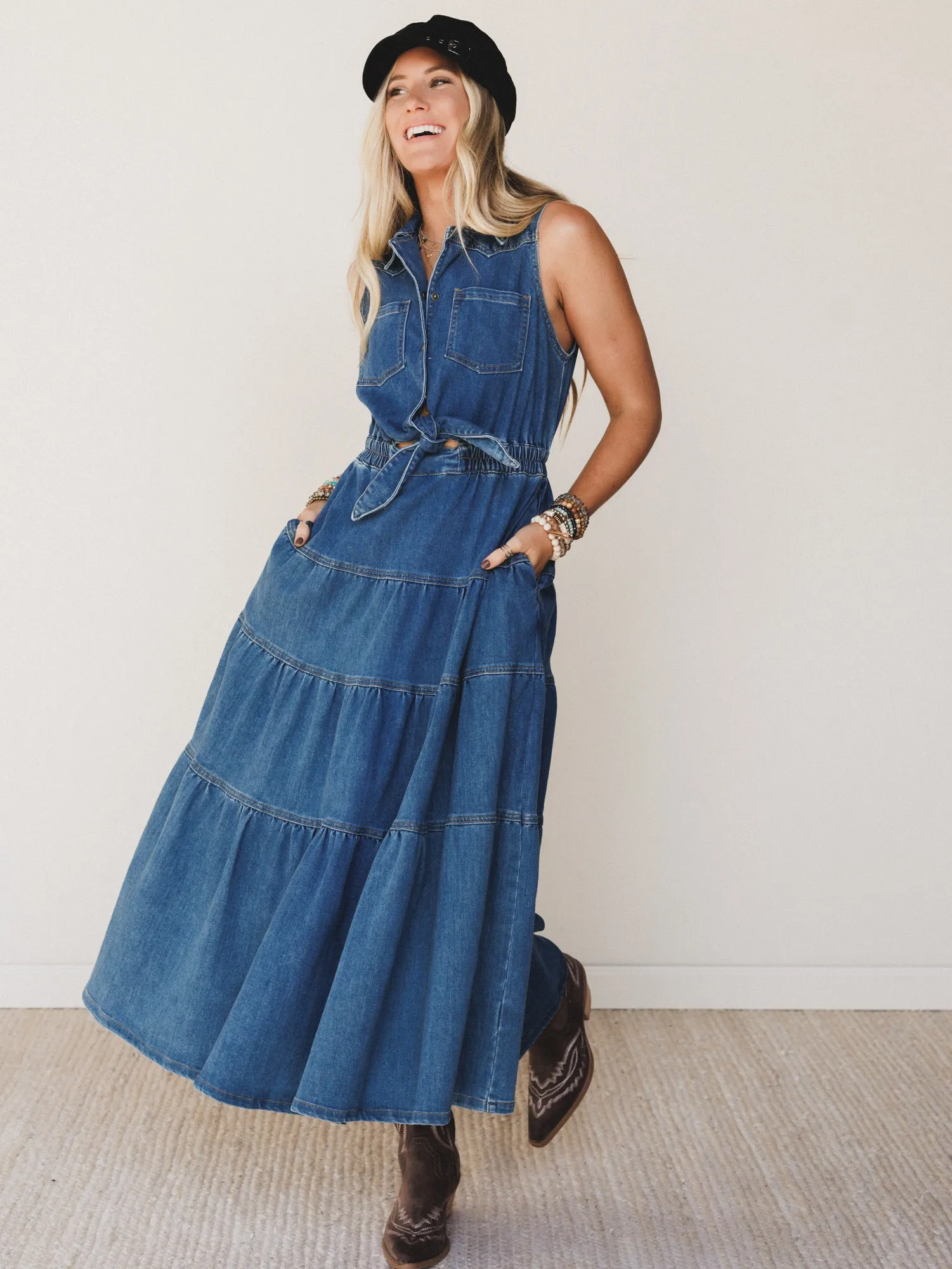 Lasso Luxe Tiered Maxi Dress - Denim - Pre Order sold by Three Bird Nest