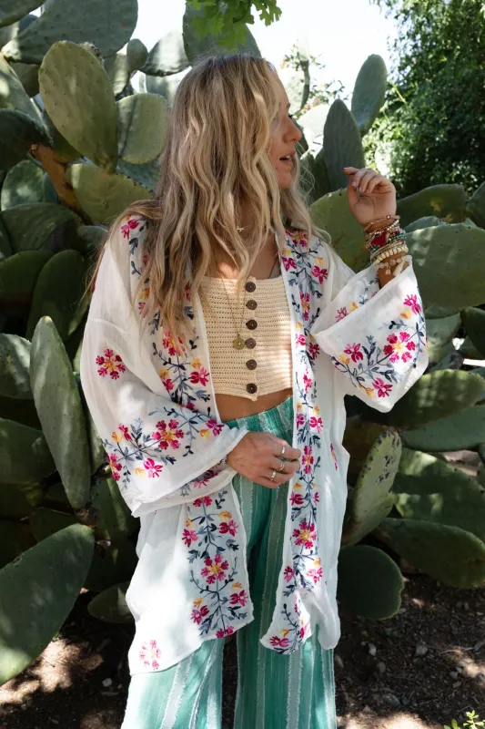 Waikiki Beach Embroidered Kimono - White - Pre Order made by Three Bird Nest