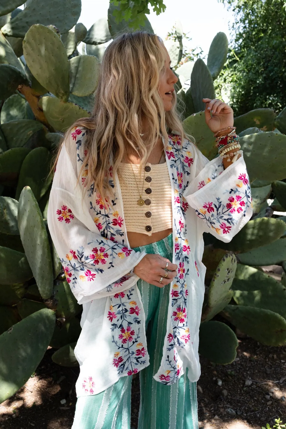 Waikiki Beach Embroidered Kimono - White - Pre Order sold by Three Bird Nest