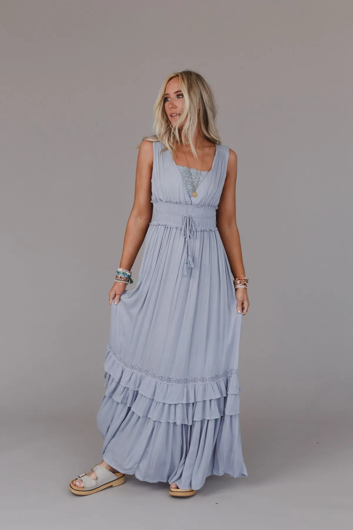 Santa Maria Tiered Lace Maxi Dress - Washed Gray - Pre Order sold by Three Bird Nest product image thumbnail 2