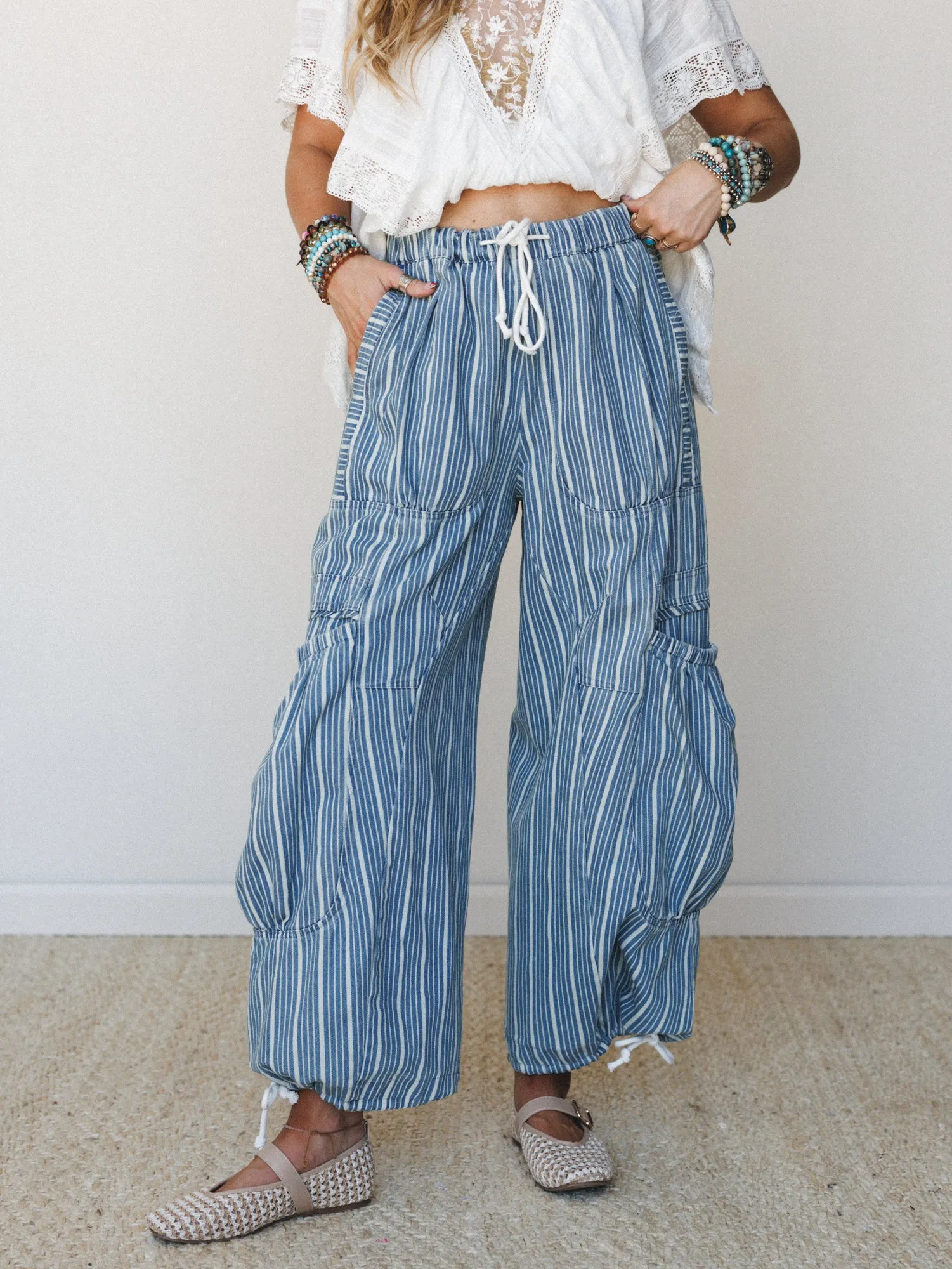 Party in Stripe Wide Leg Pants - Light Denim sold by Three Bird Nest