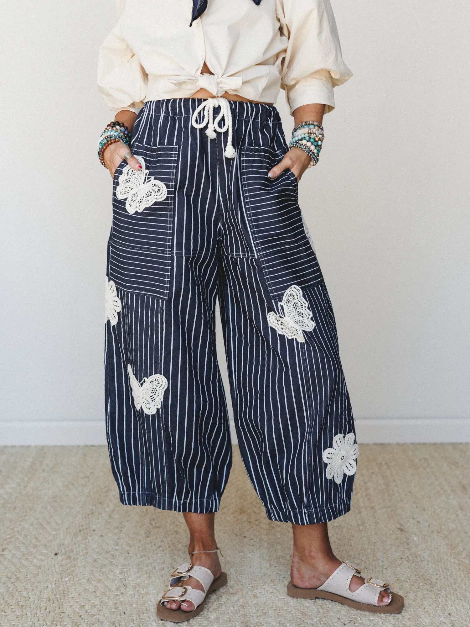Winged Wanderer Patchwork Barrel Pants - Navy sold by Three Bird Nest